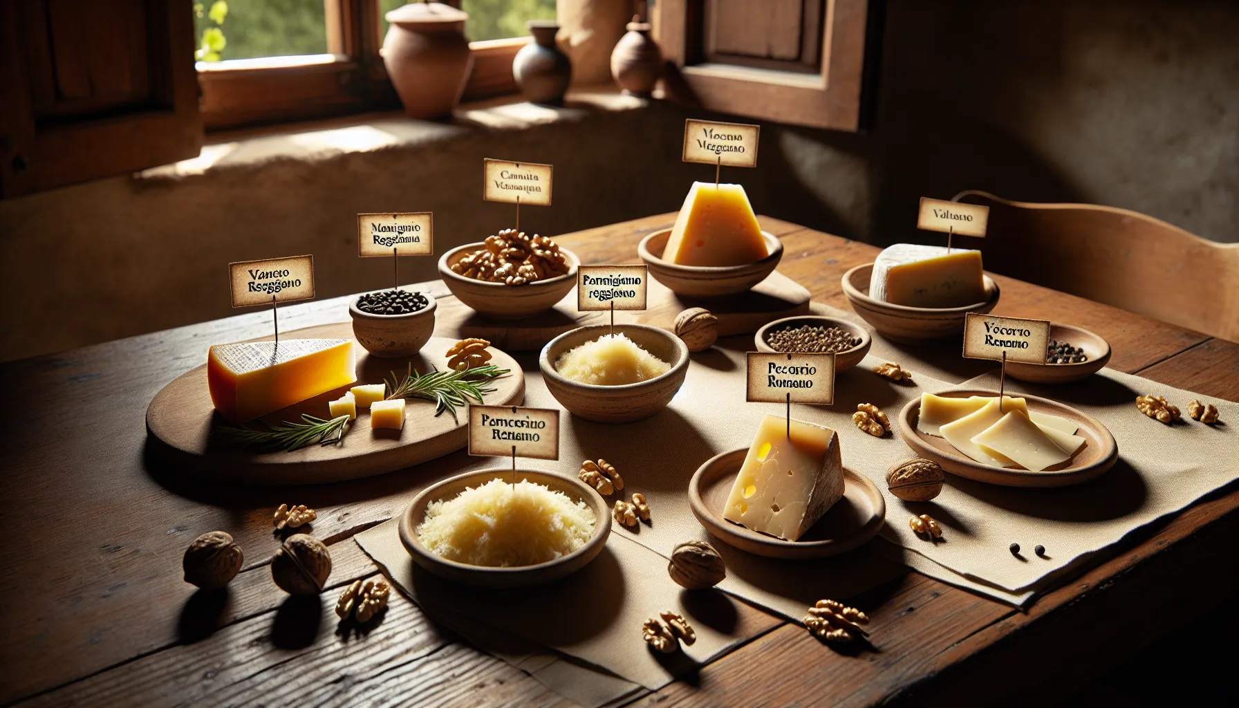 Two types of cheese with labels on a wooden table in natural light.