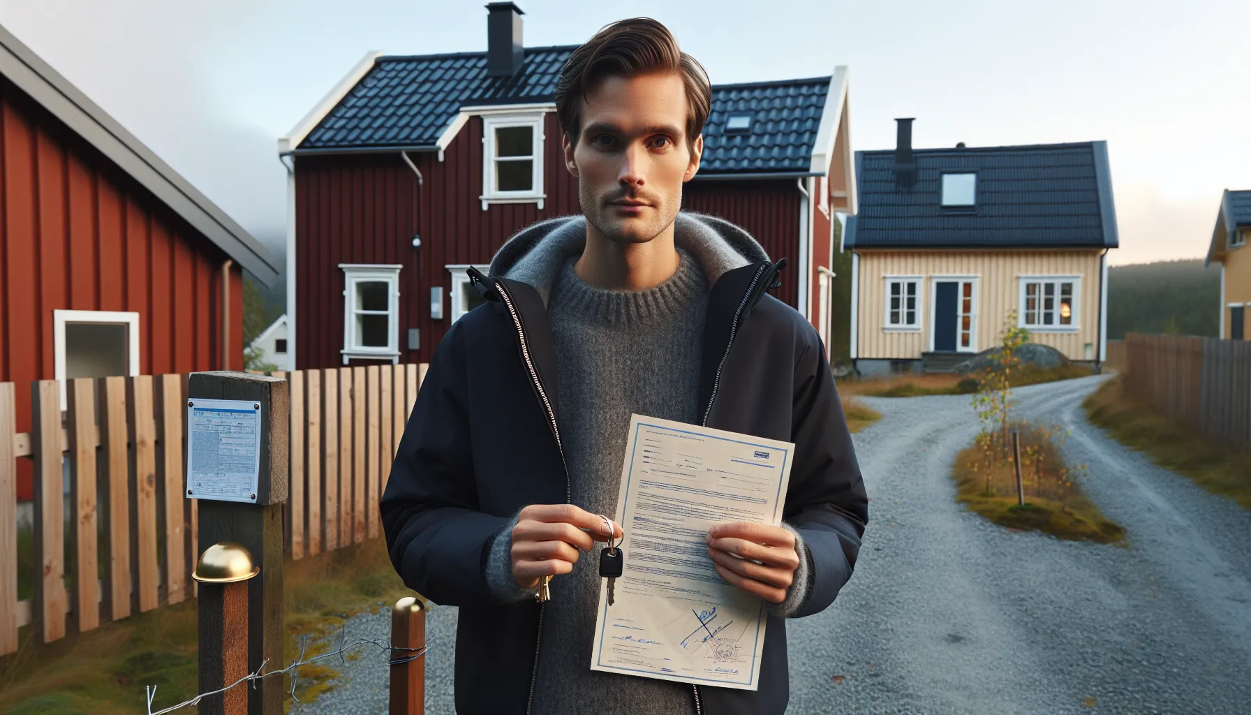 Over-the-shoulder view of norwegian homeowner with keys and deed by house.