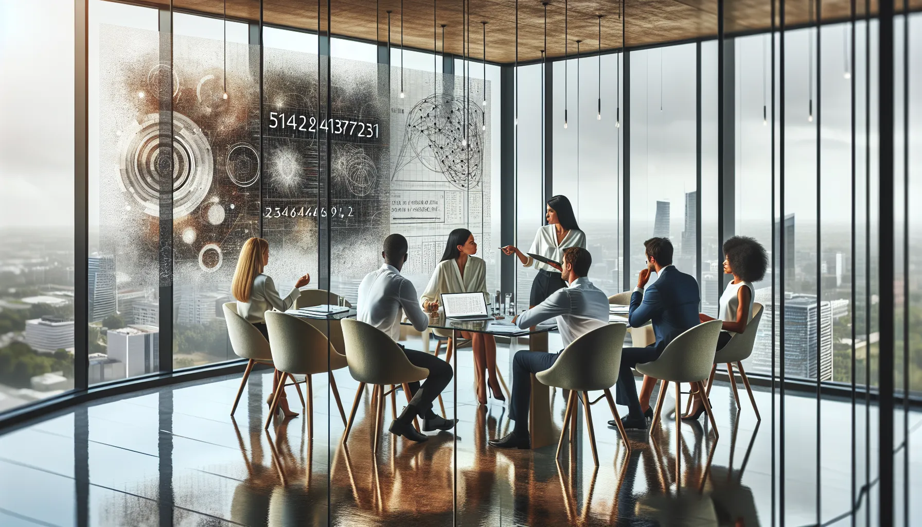 diverse team discussing significance of a numerical identifier in a modern office.