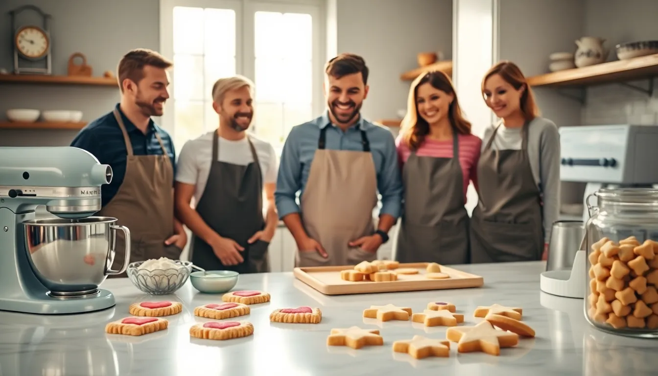 diverse group of bakers making cookies in a cozy kitchen.