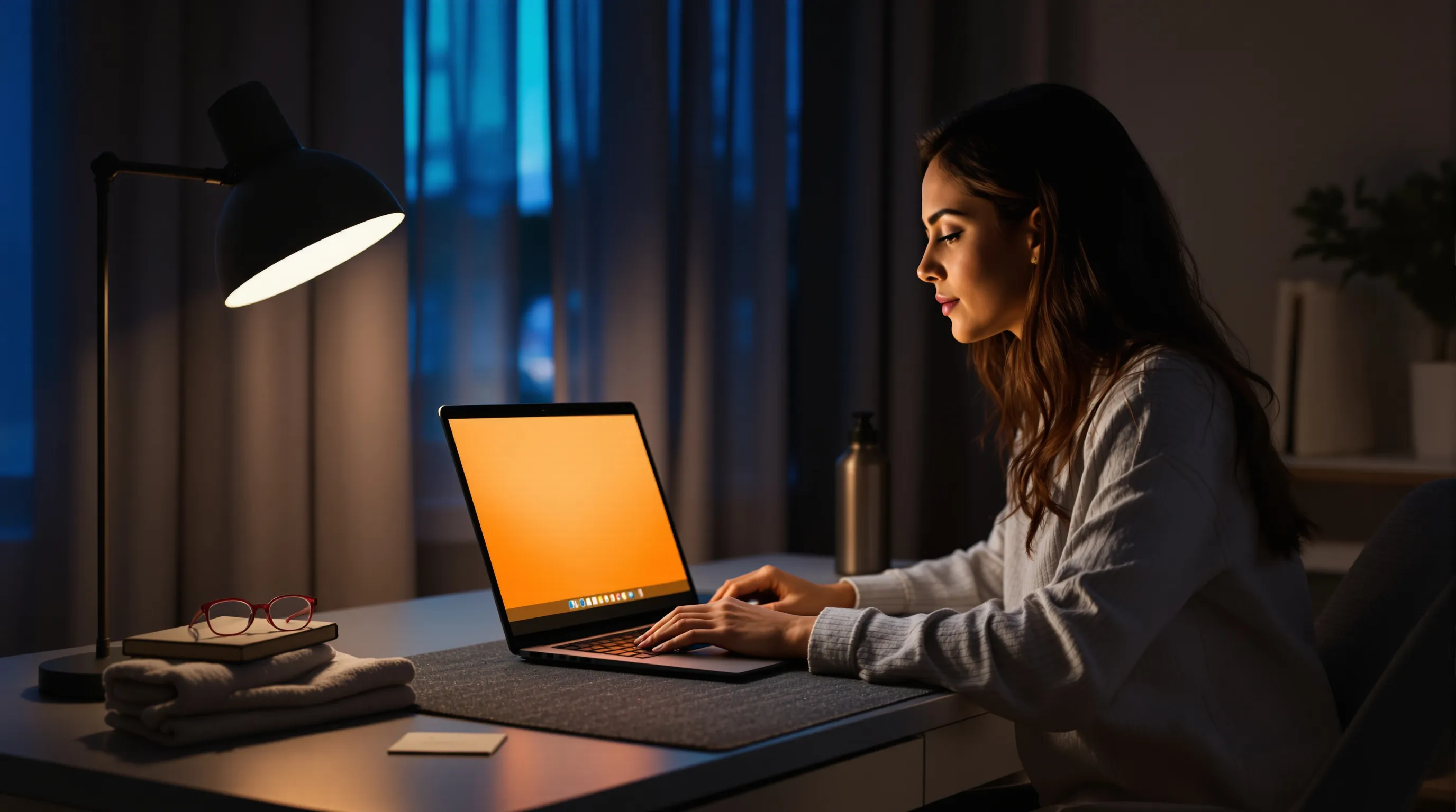 Woman using a laptop with a blue light screen filter at night.