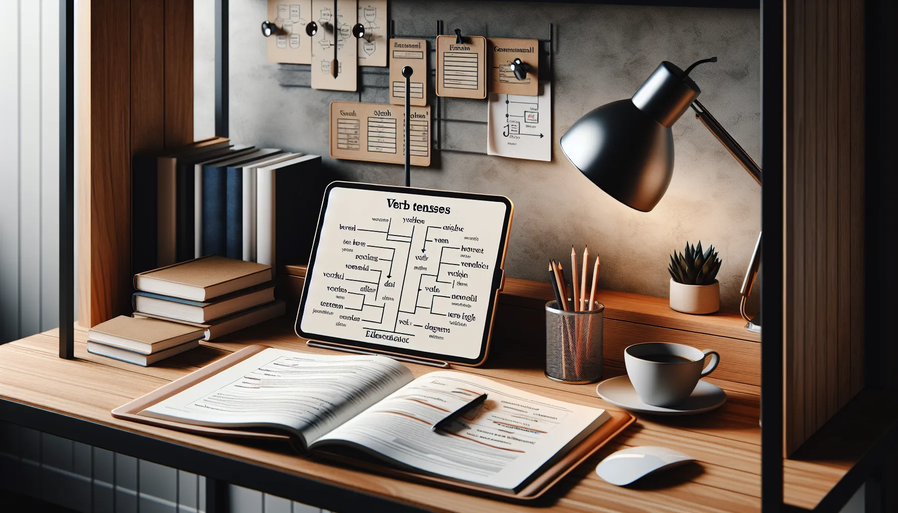 A study desk with learning materials focused on English grammar.