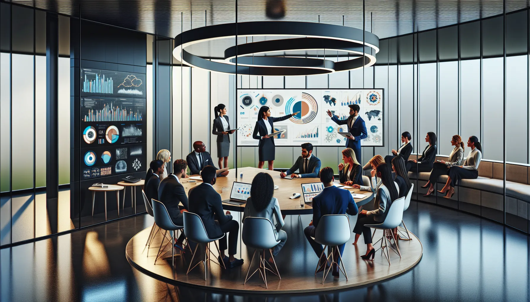 diverse group collaborating in a modern classroom and office setting