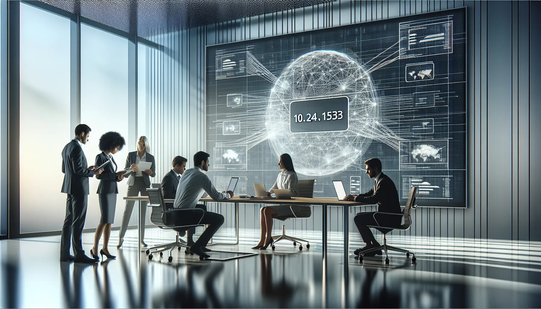 IT professionals discussing network configurations in a modern office.