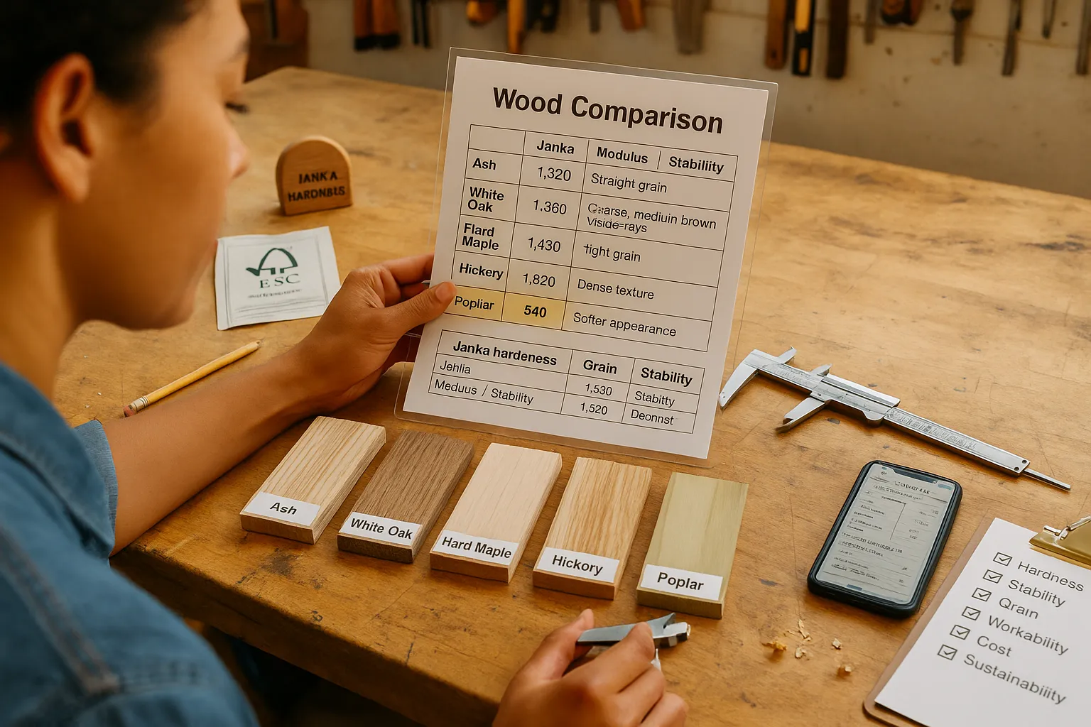 Woodworker comparing labeled wood samples with a checklist on a workbench.