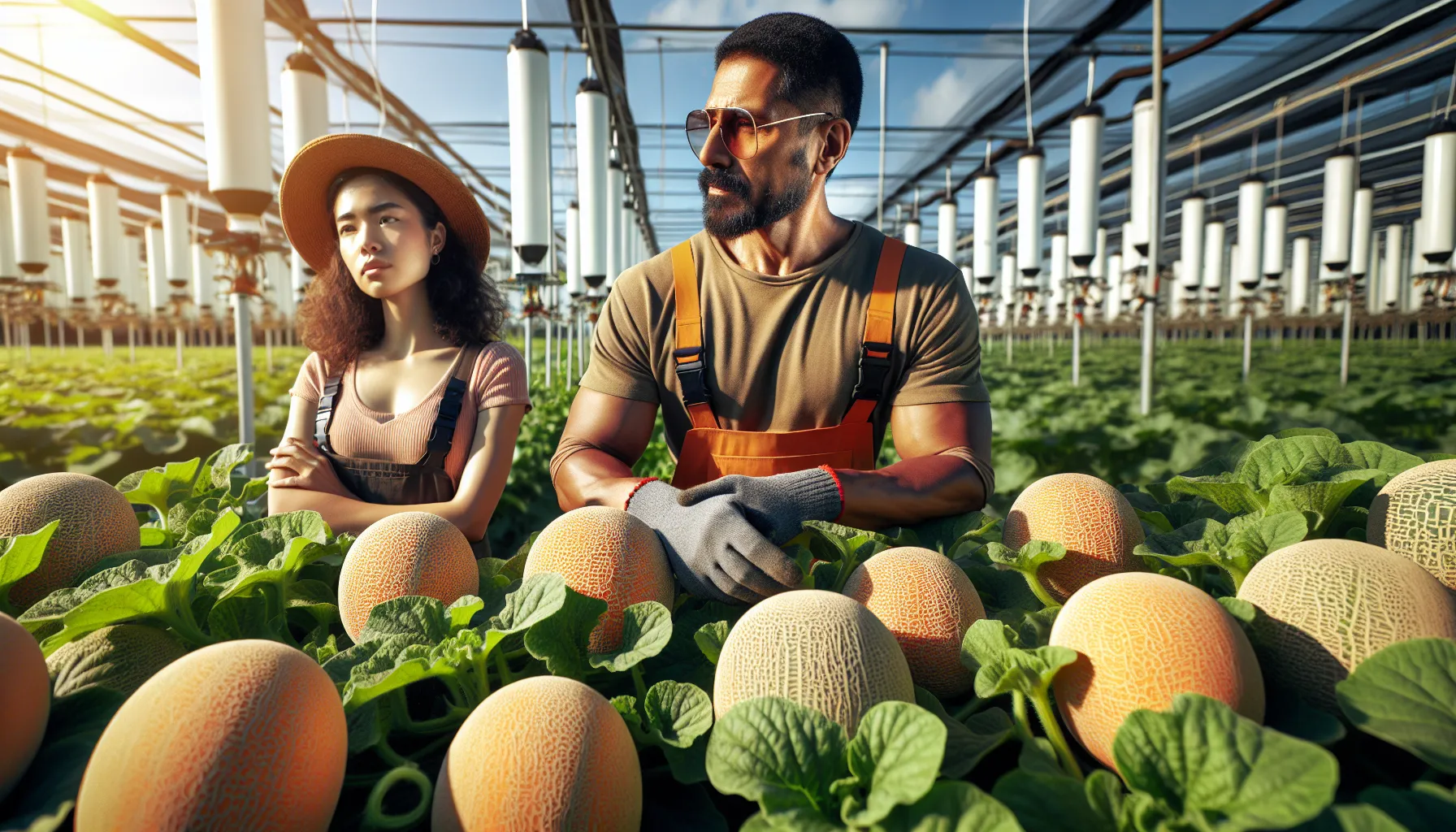 farmers inspecting cantaloupes in a sunlit field.