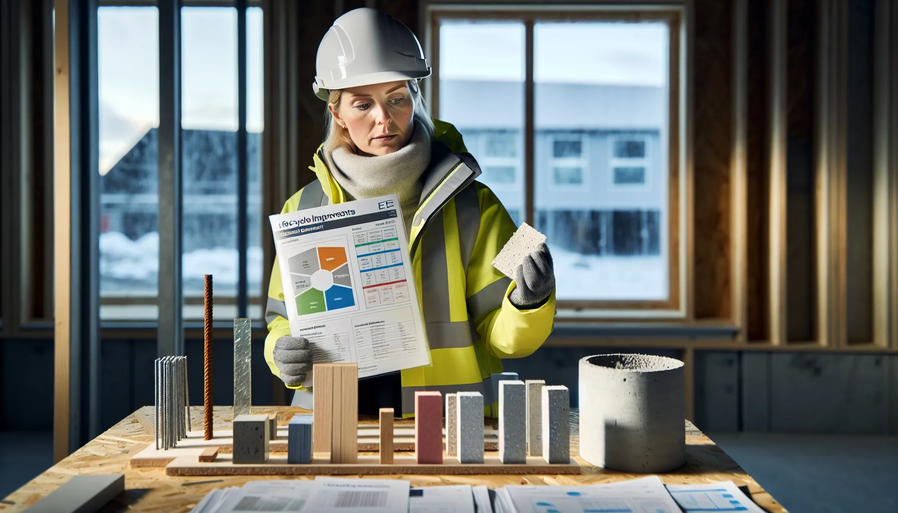 Engineer in norway comparing timber, low-carbon concrete, and recycled metal samples.