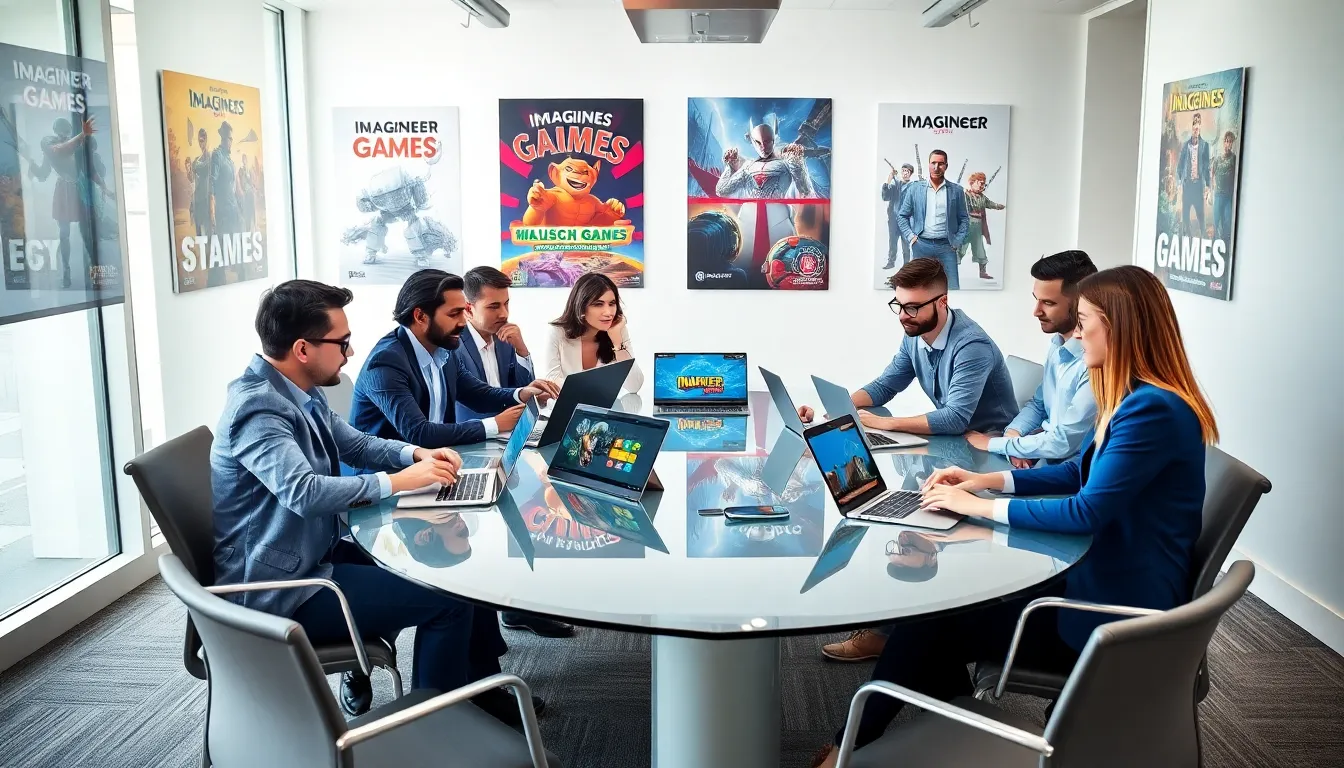 diverse team brainstorming in a modern gaming office.
