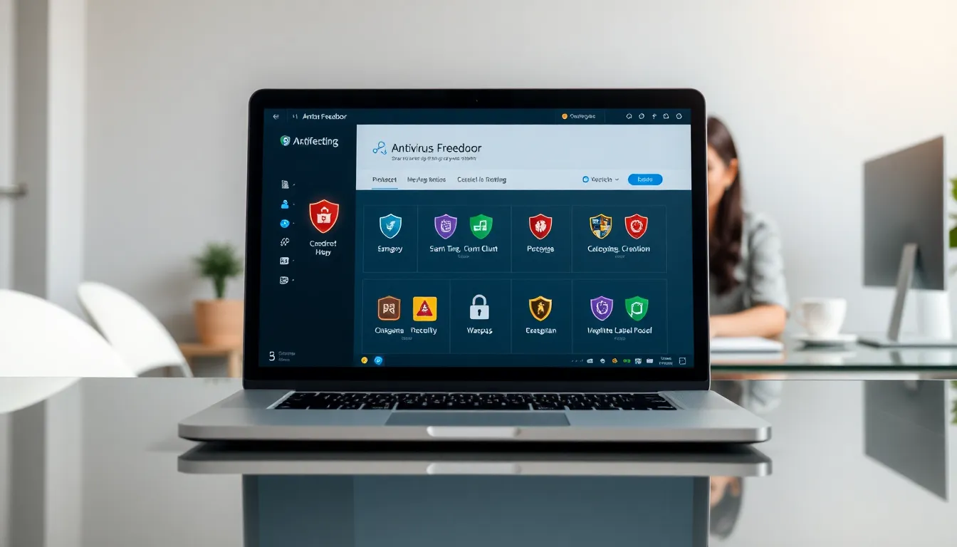 a professional using Antivirus Freedoor 2.4.6.8 on a laptop.