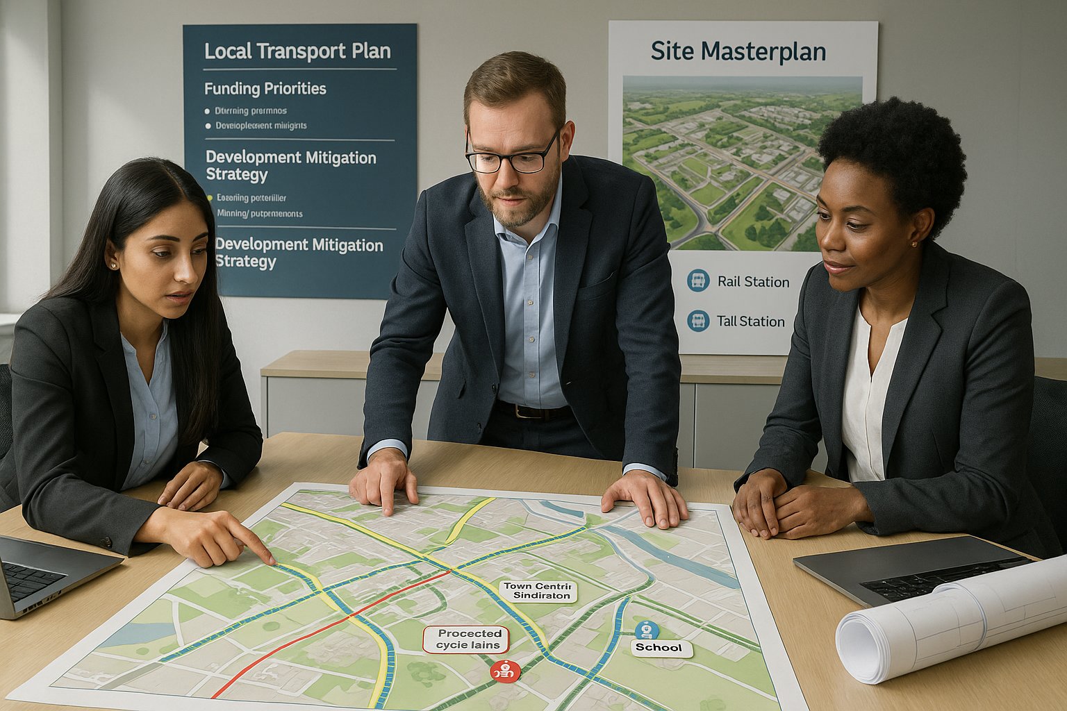 Consultants reviewing walking and cycling plans in a modern UK office.