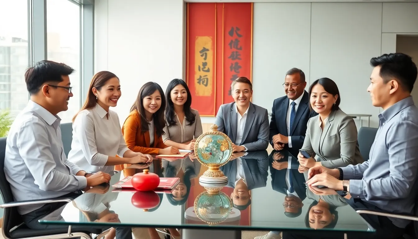 diverse team discussing Chinese business philosophies in a modern office.