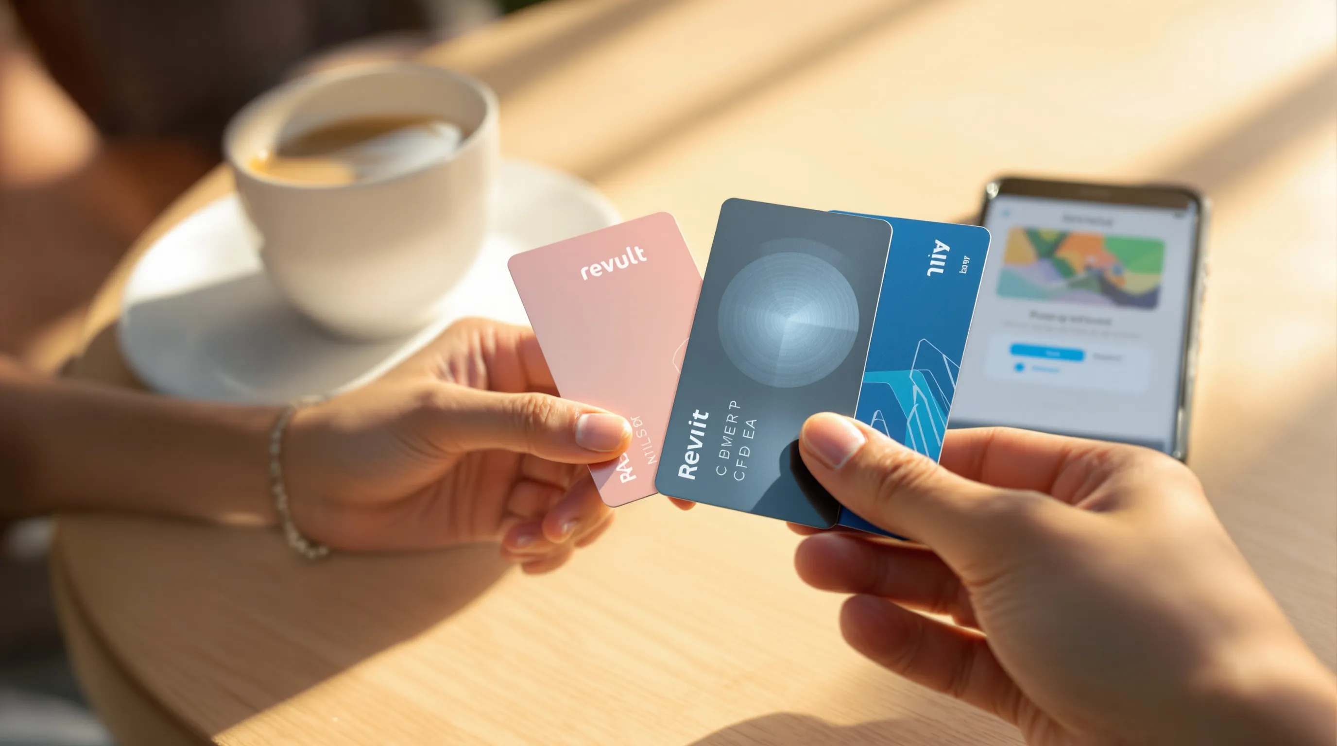 Hand holding multiple Revolut cards in different colors and finishes on a café table.