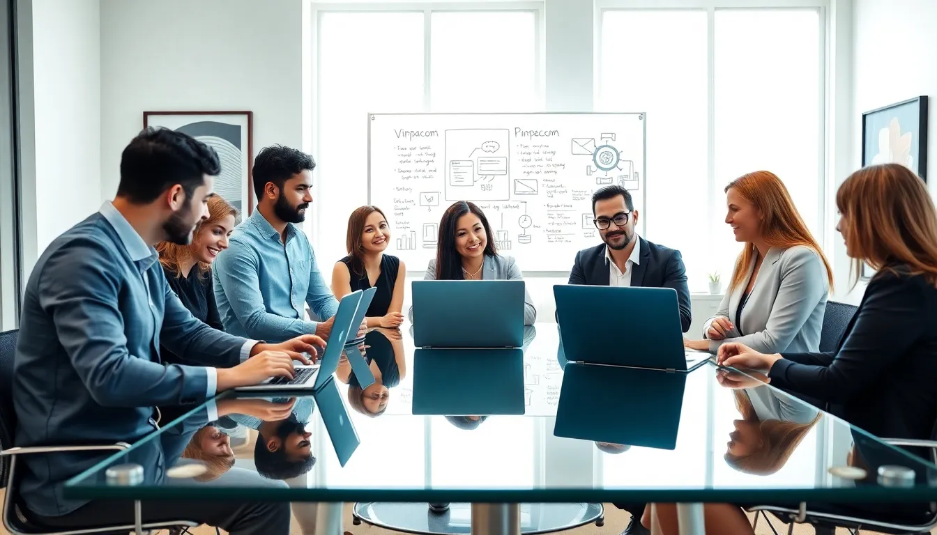 diverse team discussing digital solutions in a modern office.