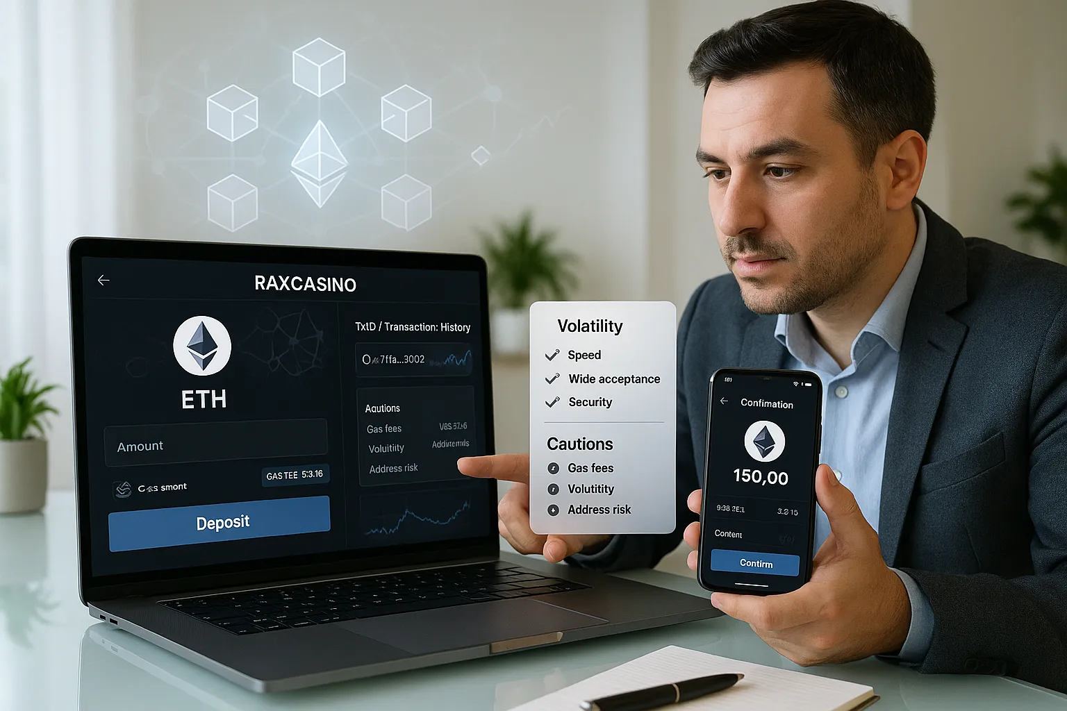 Professional using laptop and phone to deposit Ethereum to Raxcasino.
