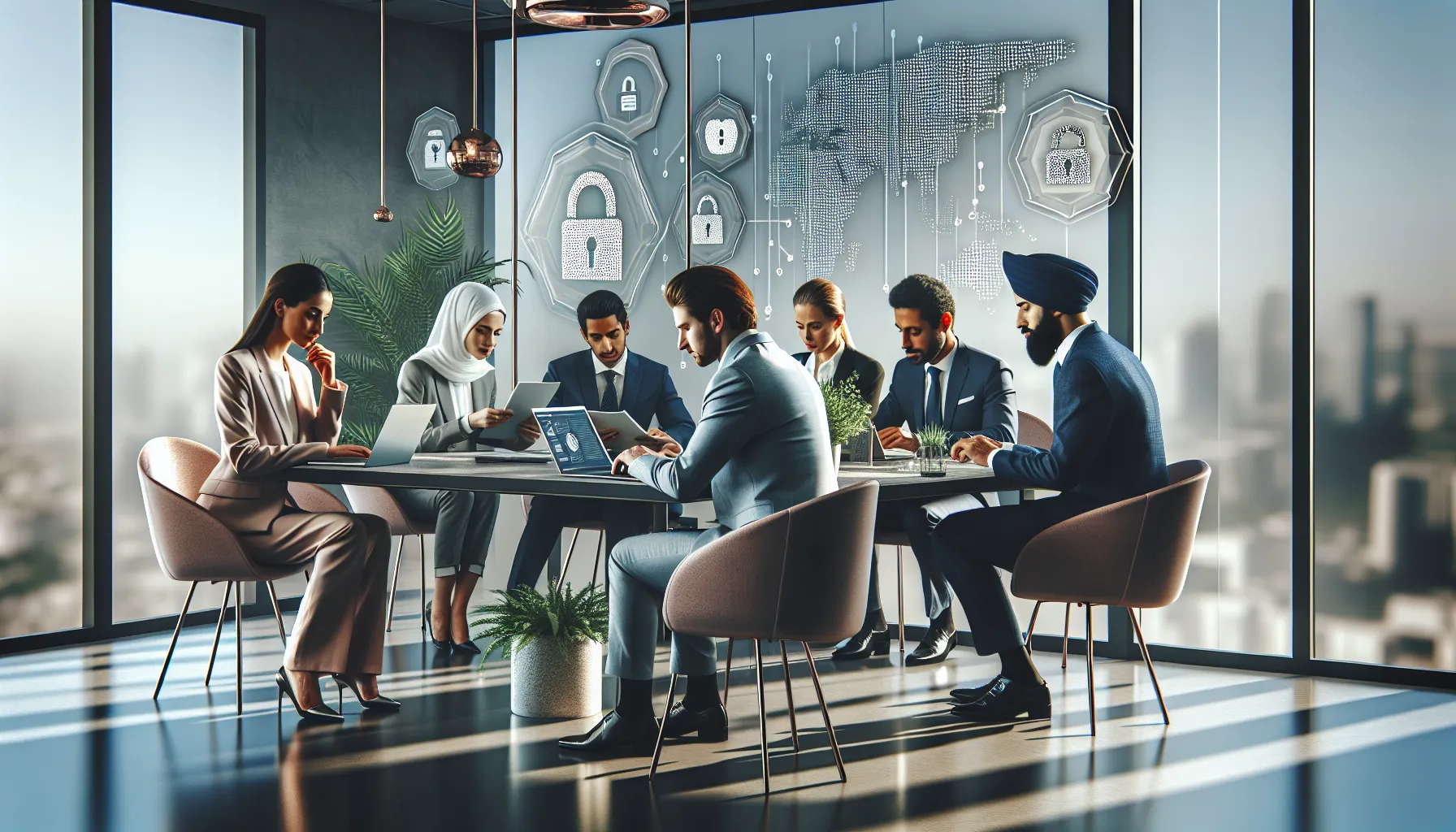 diverse professionals discussing privacy and security in a modern office setting.