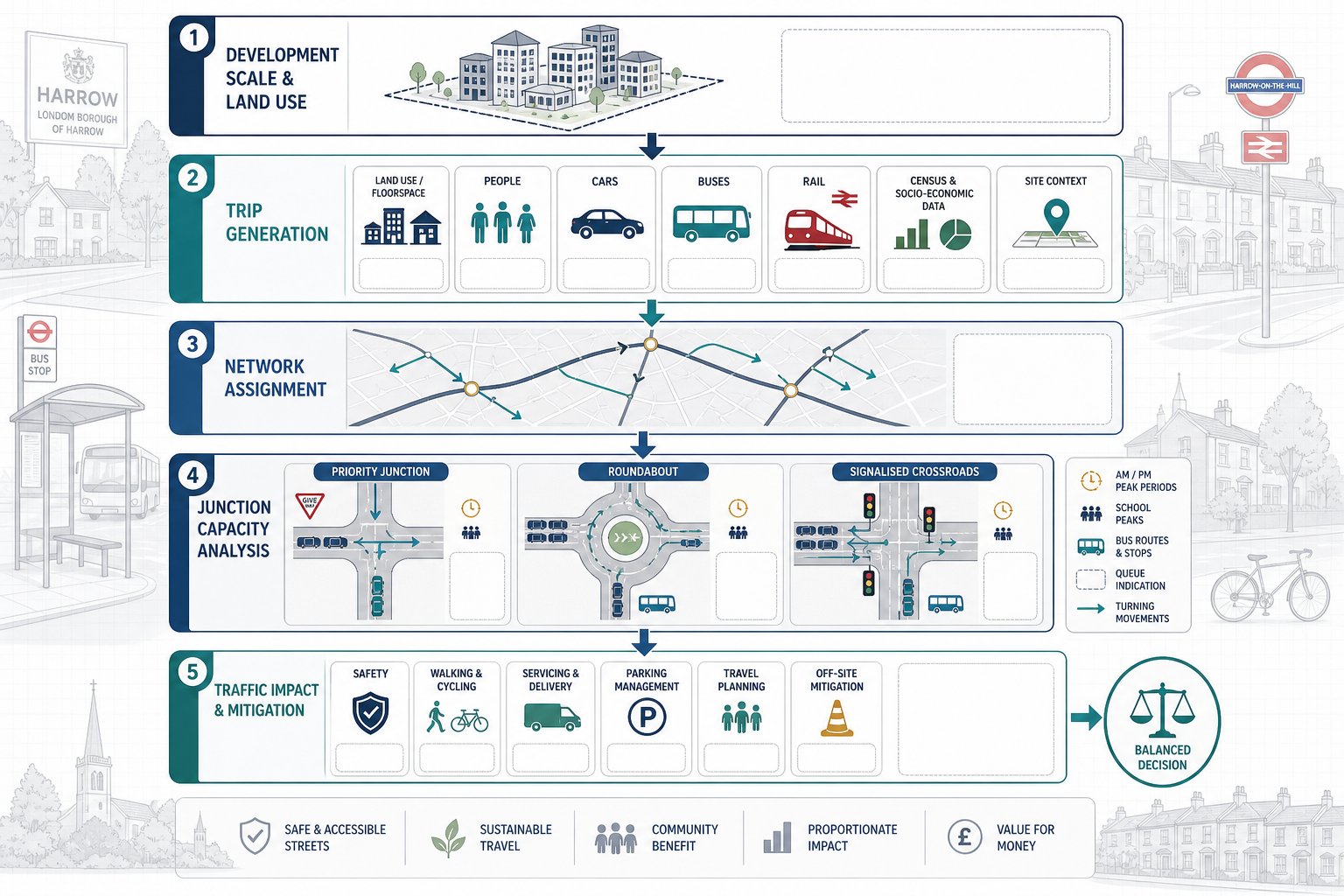 Infographic of trip generation, junction testing, and traffic impact assessment process.