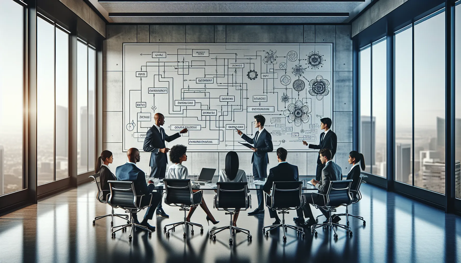 professionals collaborating on operational strategies in a modern office.