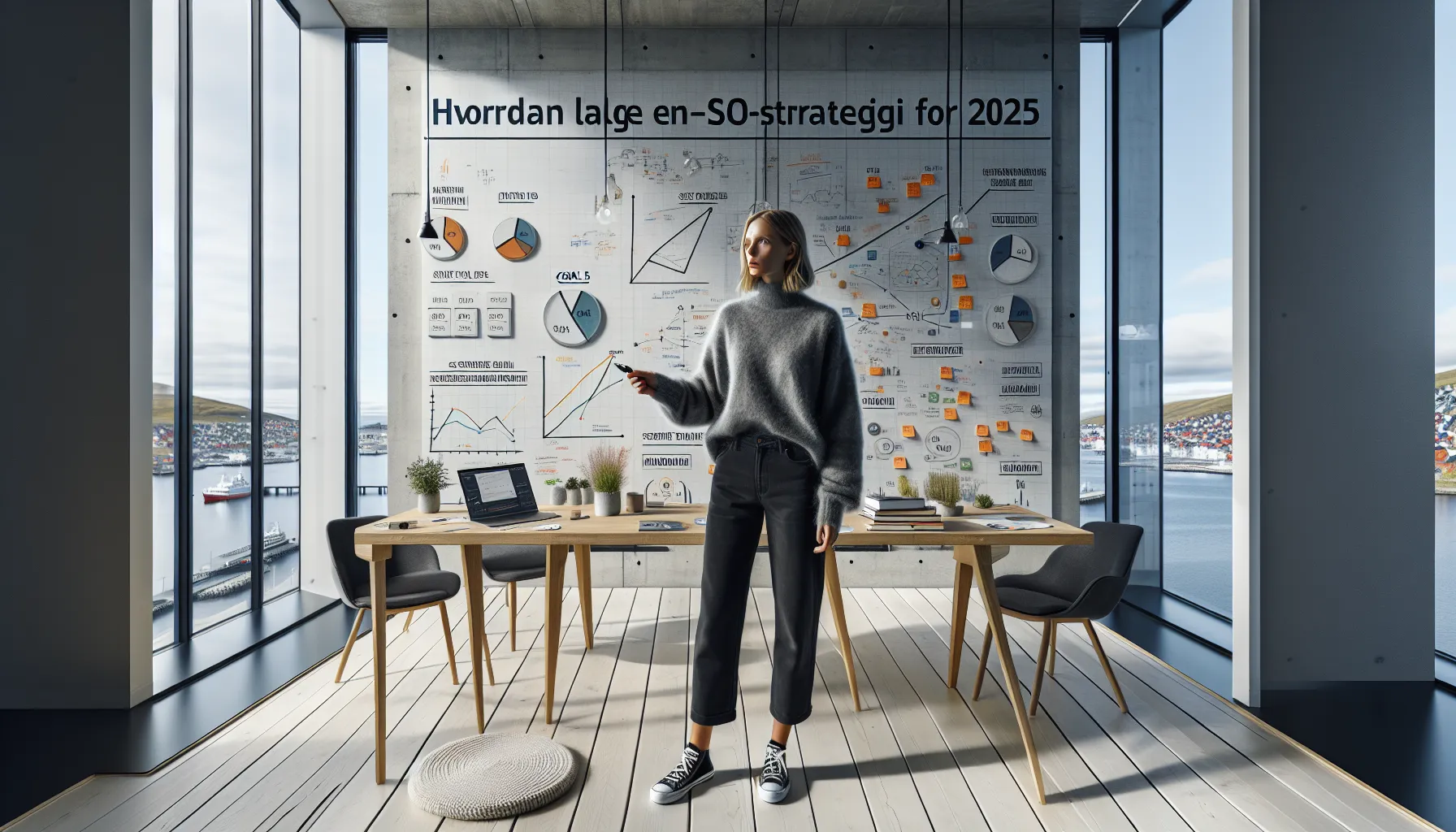 Norwegian marketer maps 2025 SEO goals and user journey on a glass wall.