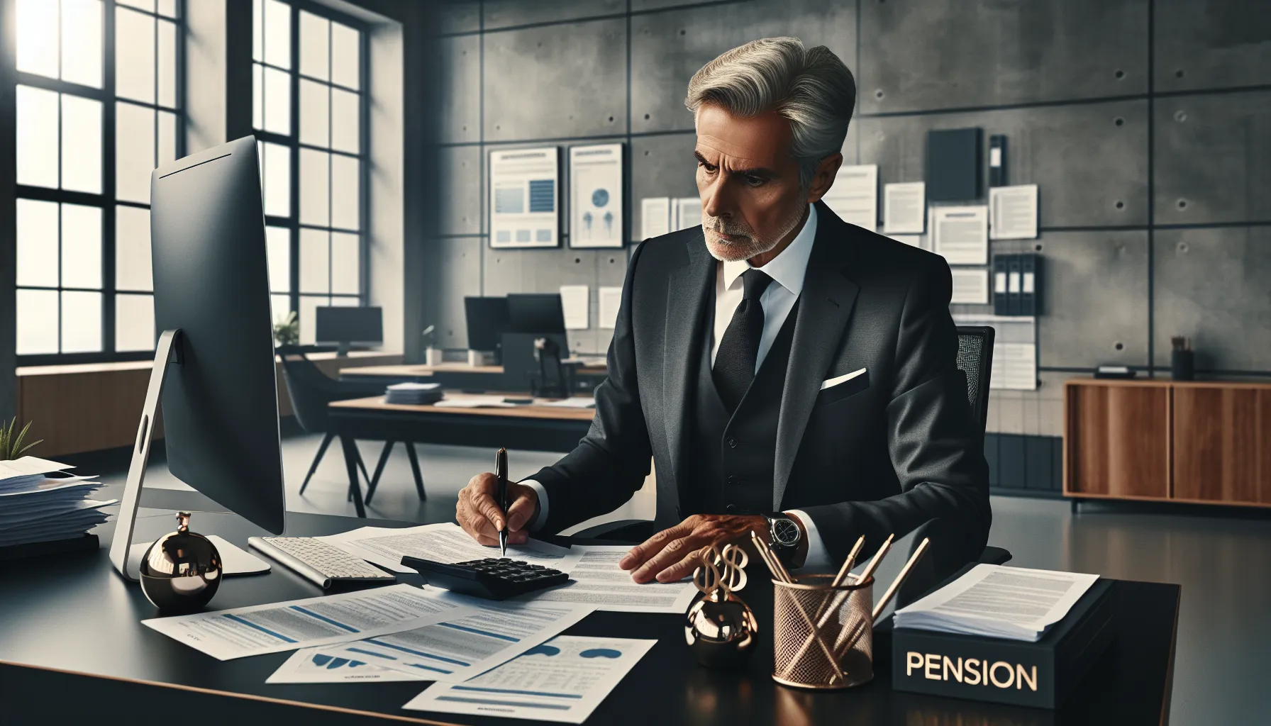 Professional person reviewing pension documents at modern office desk
