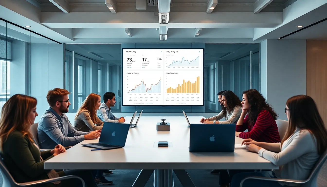 diverse marketing team discussing digital ad strategies in a modern office.