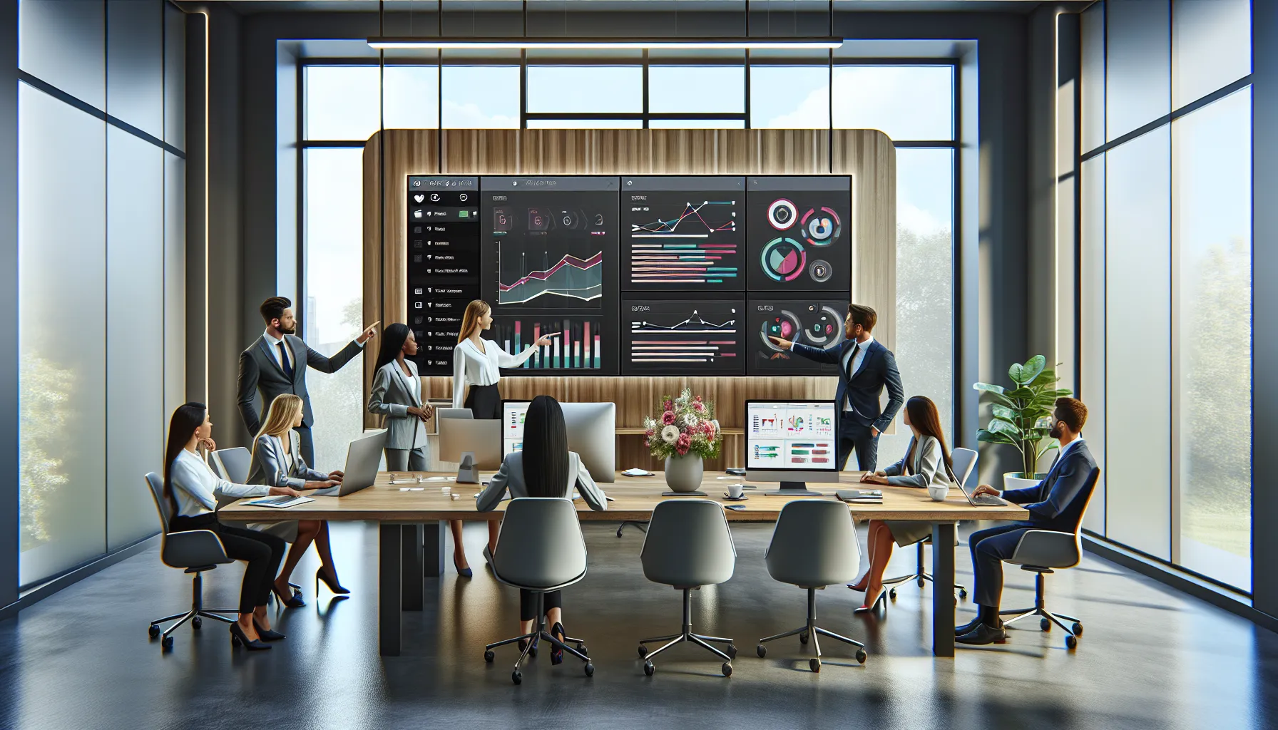 diverse professionals collaborating with Osgartop software in a modern office.