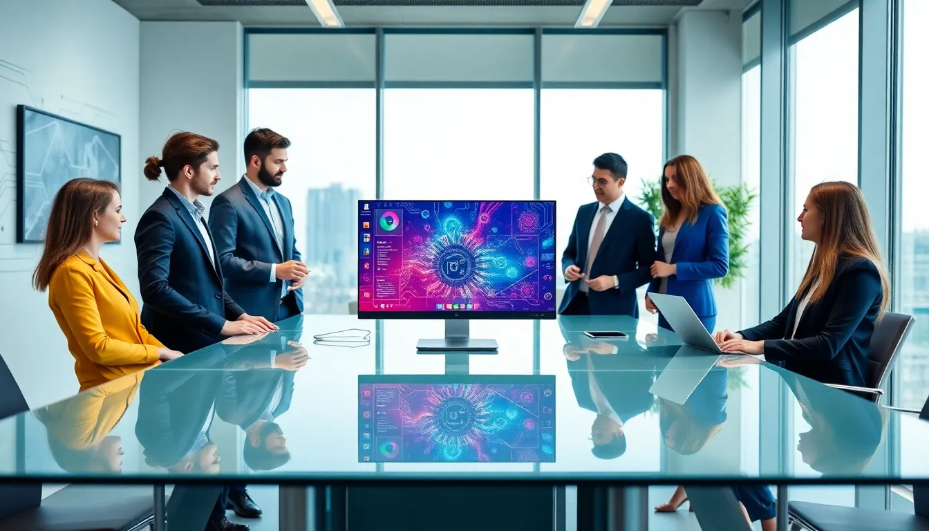 diverse team collaborating around advanced hardware in a modern office.