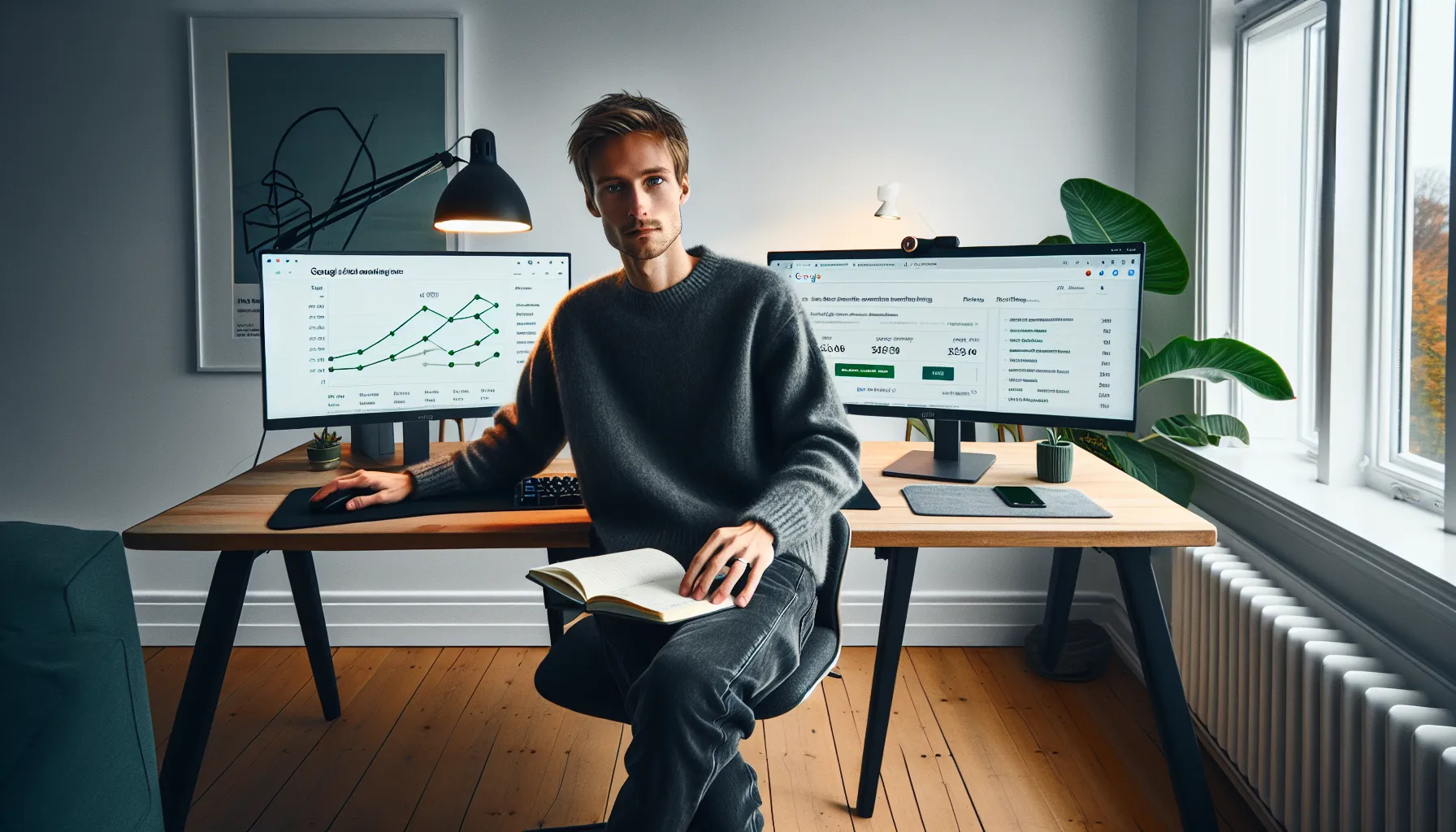 Søkemotormarkedsføring: hvordan kombinere seo og betalt søk 2 Norwegian marketer analyzing seo and paid search dashboards together in a modern office.