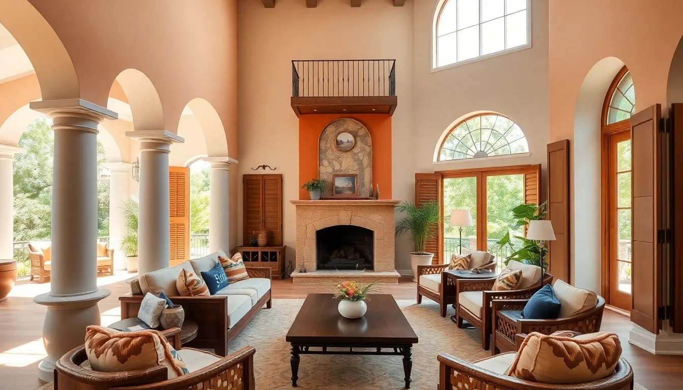 sunlit Mediterranean home interior with earthy tones and natural materials.