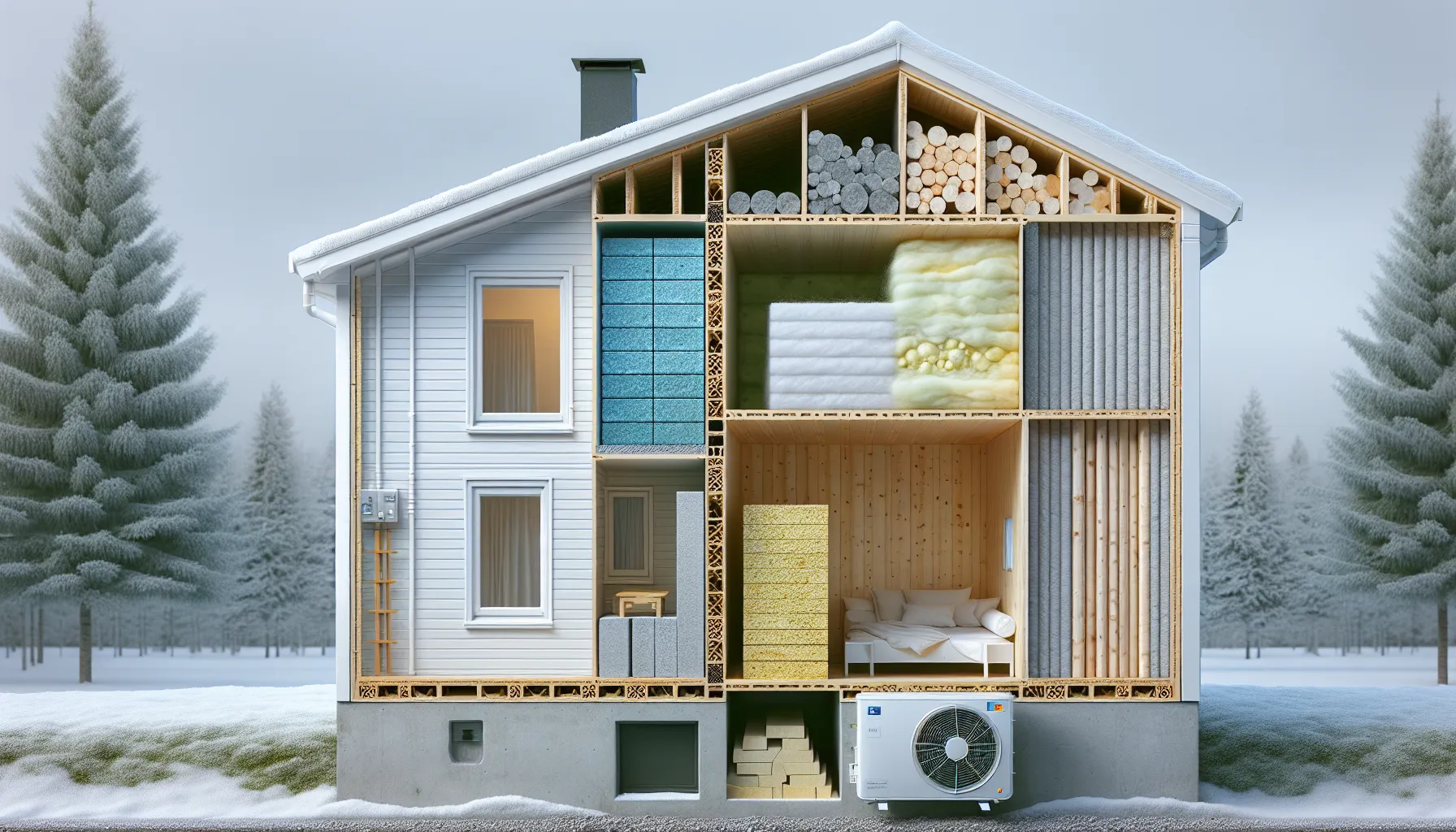 Hvordan påvirker ulike typer isolasjon varmepumpens effektivitet? 3 Cutaway norwegian house wall showing different insulation types beside a heat pump.