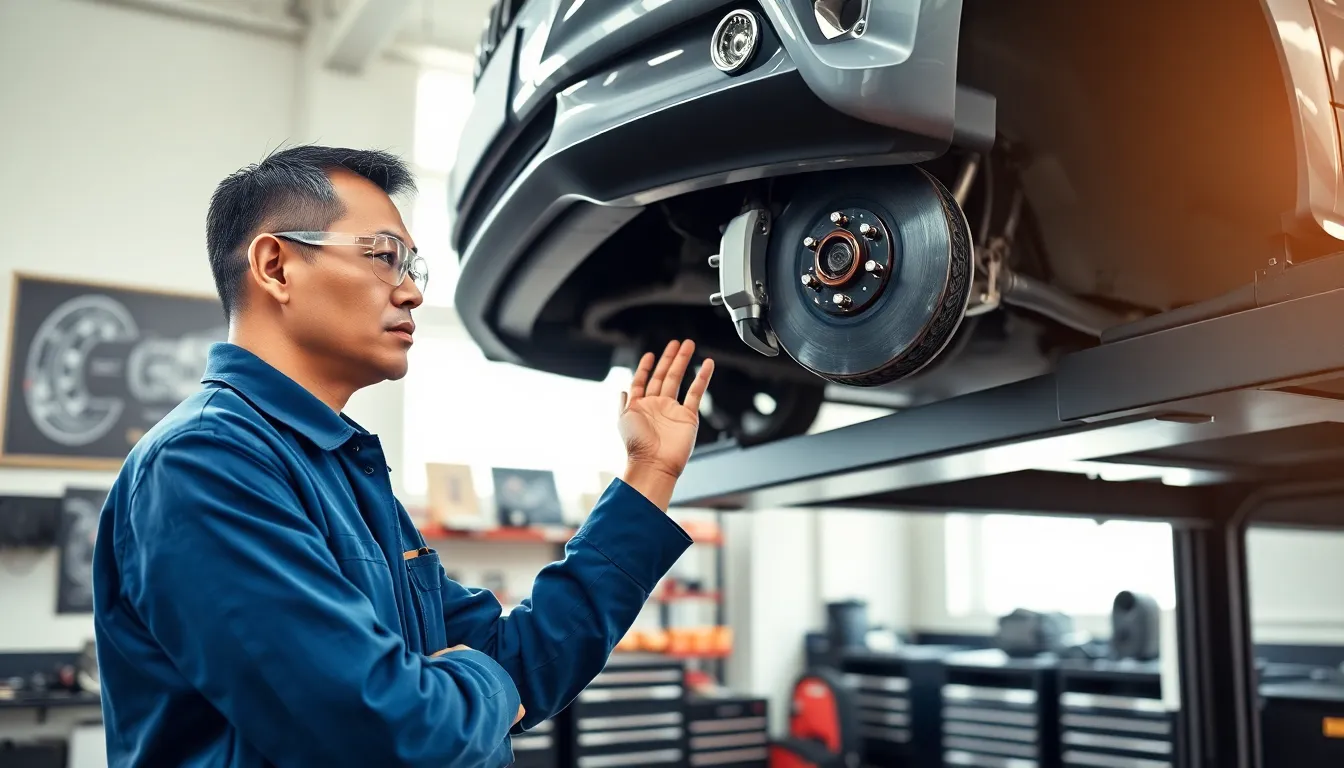 technician inspecting brakes in a modern auto repair shop.