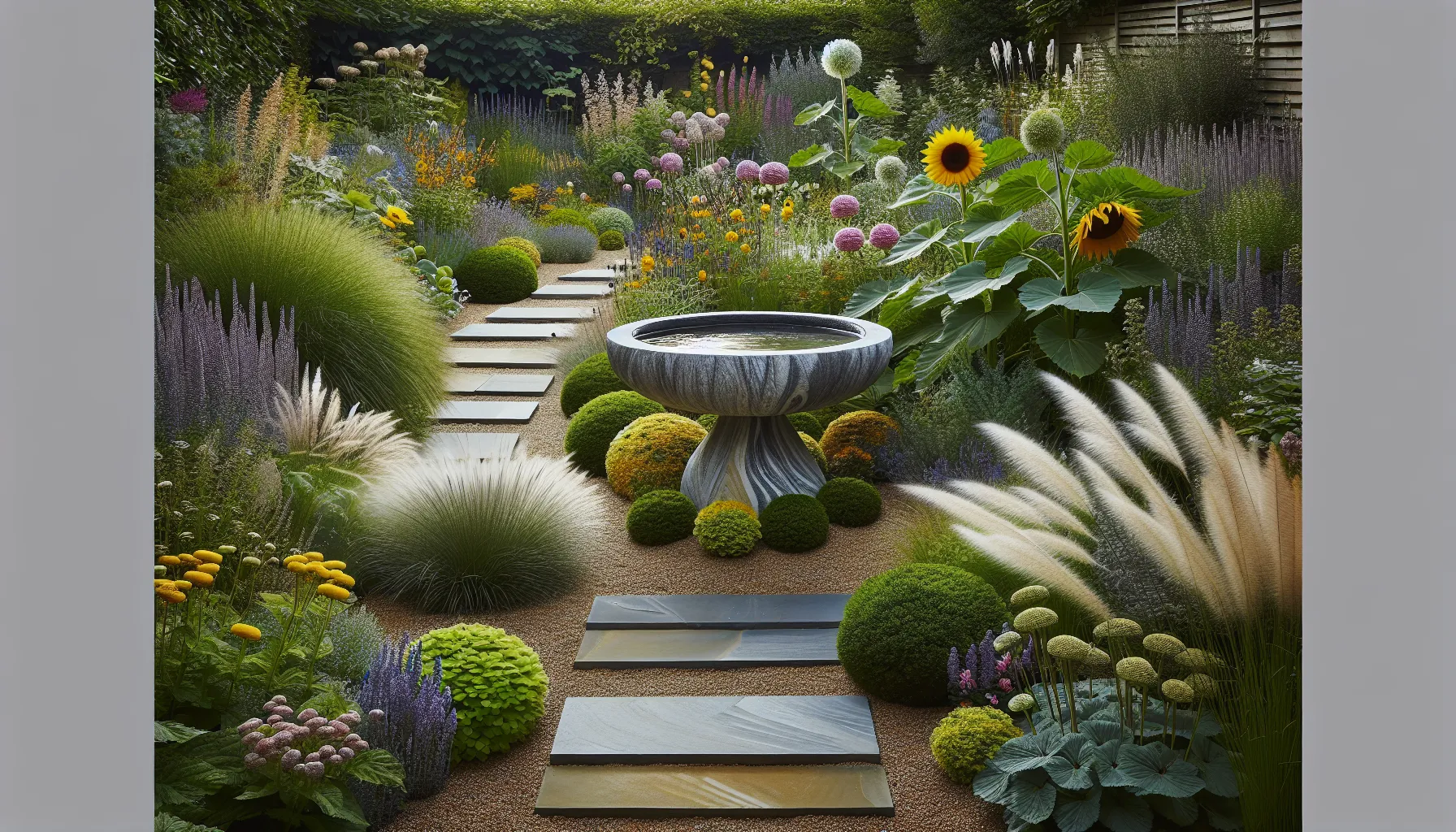Aesthetic garden with pathways and vibrant flower arrangements.