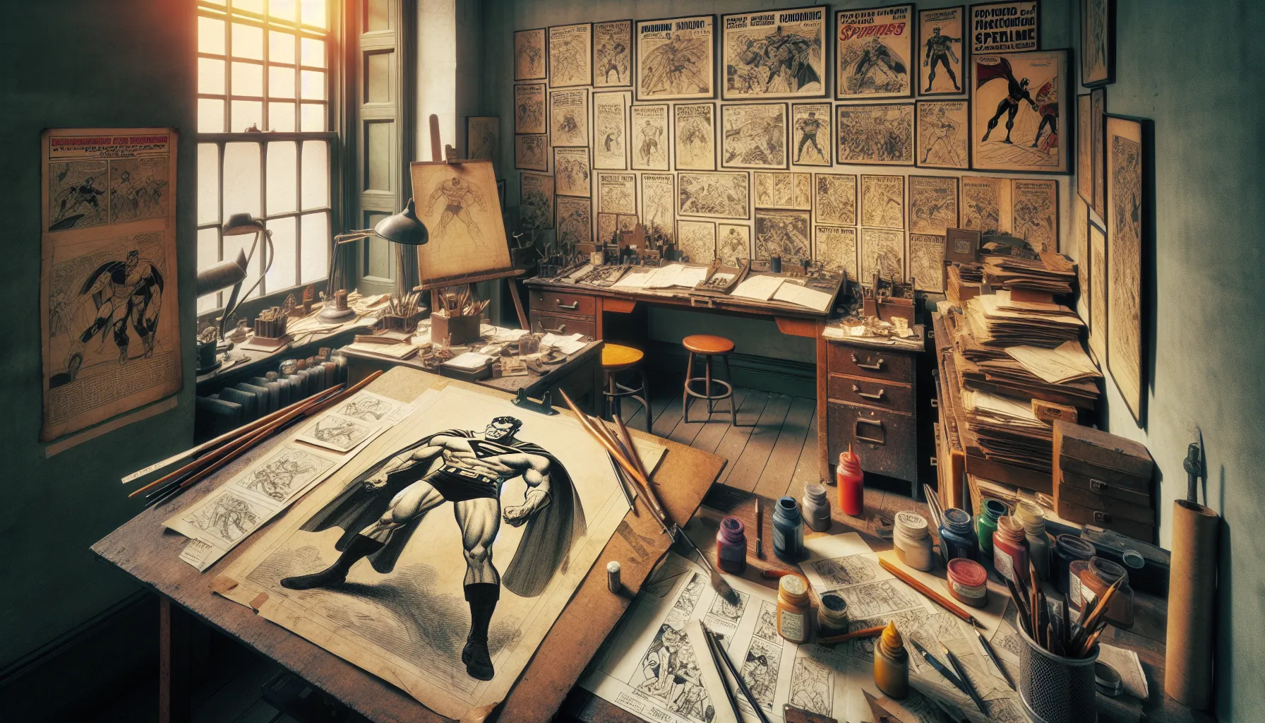 An artist working in a 1930s studio, drafting early comic book designs.