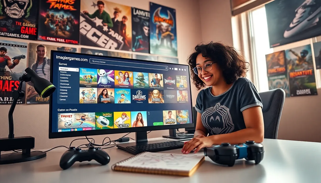 A young woman exploring the vibrant homepage of Imagineergames.com on her computer.
