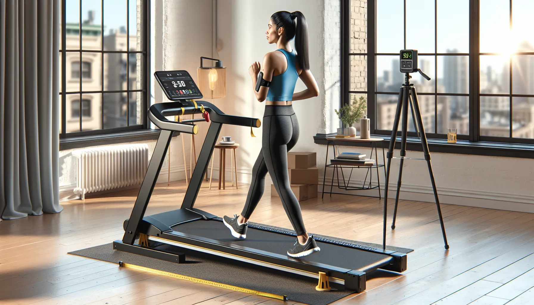 Tester jogs on budget folding treadmill with meters in a bright apartment.
