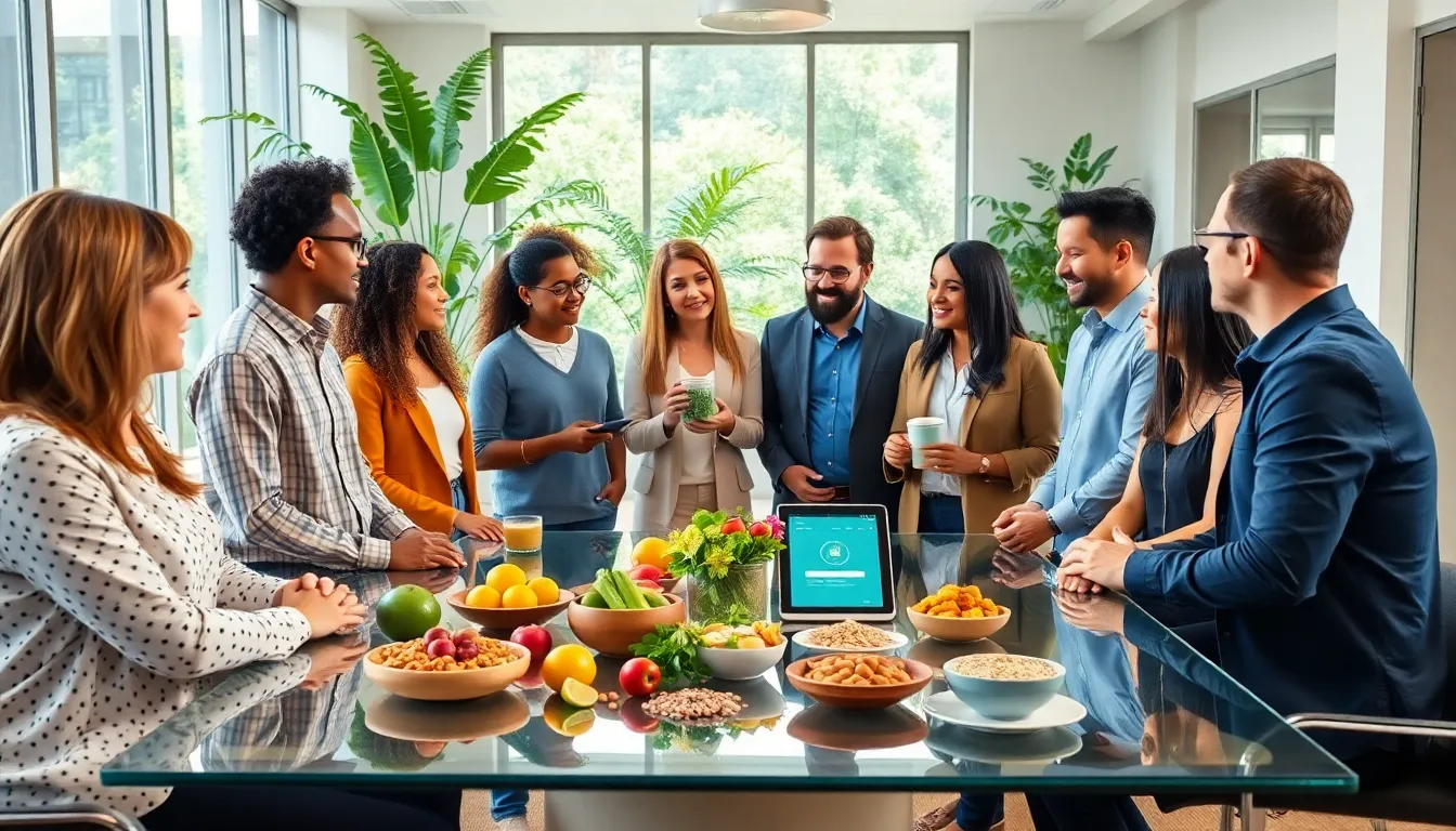 professionals discussing holistic health in a modern office.