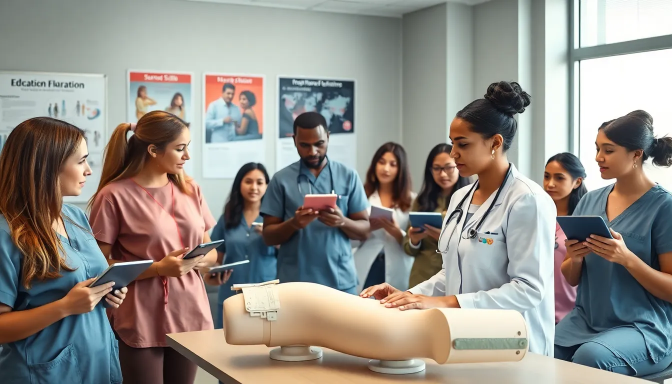 diverse nursing students engaged in a modern classroom learning setting.