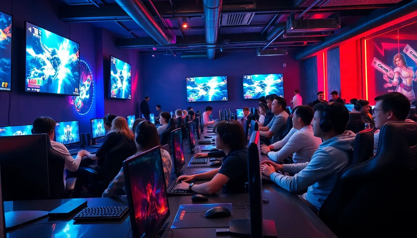 diverse gamers enjoying an esports lounge with high-end equipment.