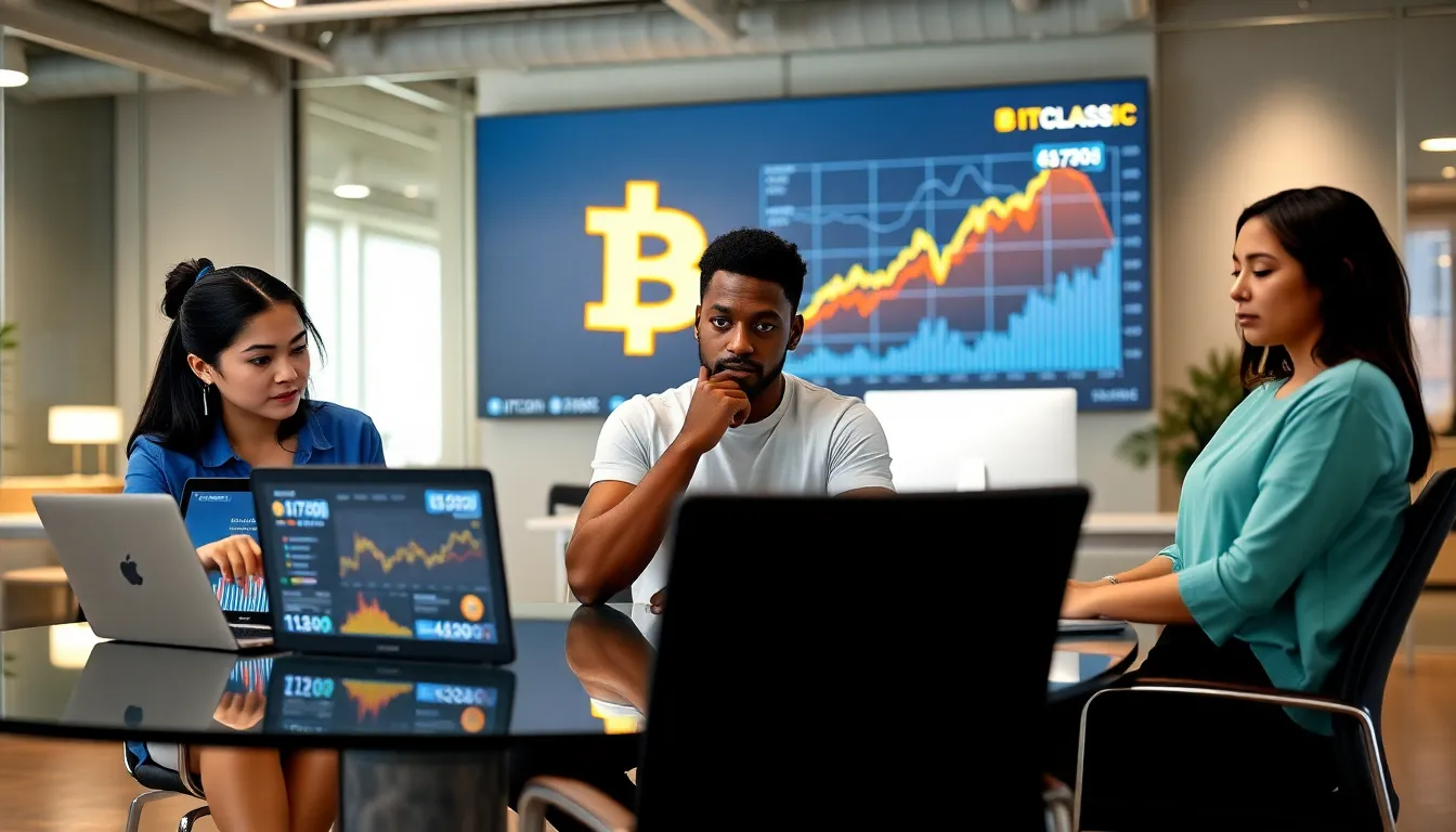 three young professionals discussing Bitcoin and Bitclassic in a modern office.