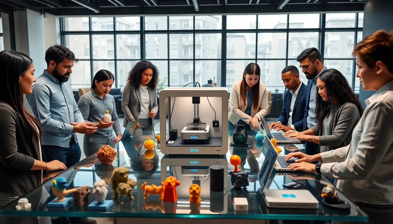 diverse team working on 3D printing projects in a modern office.