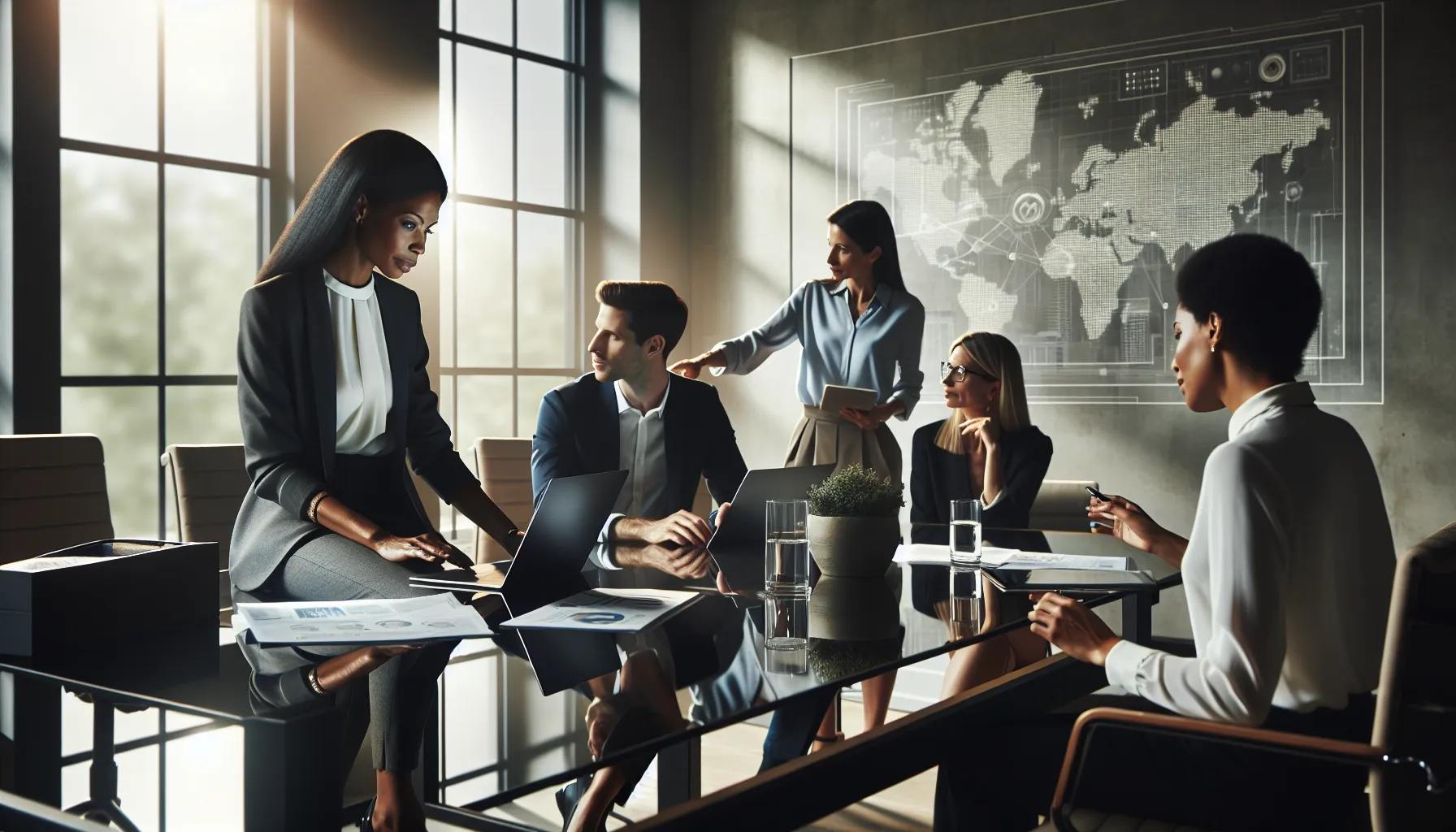 professionals collaborating in a modern office with digital maps.