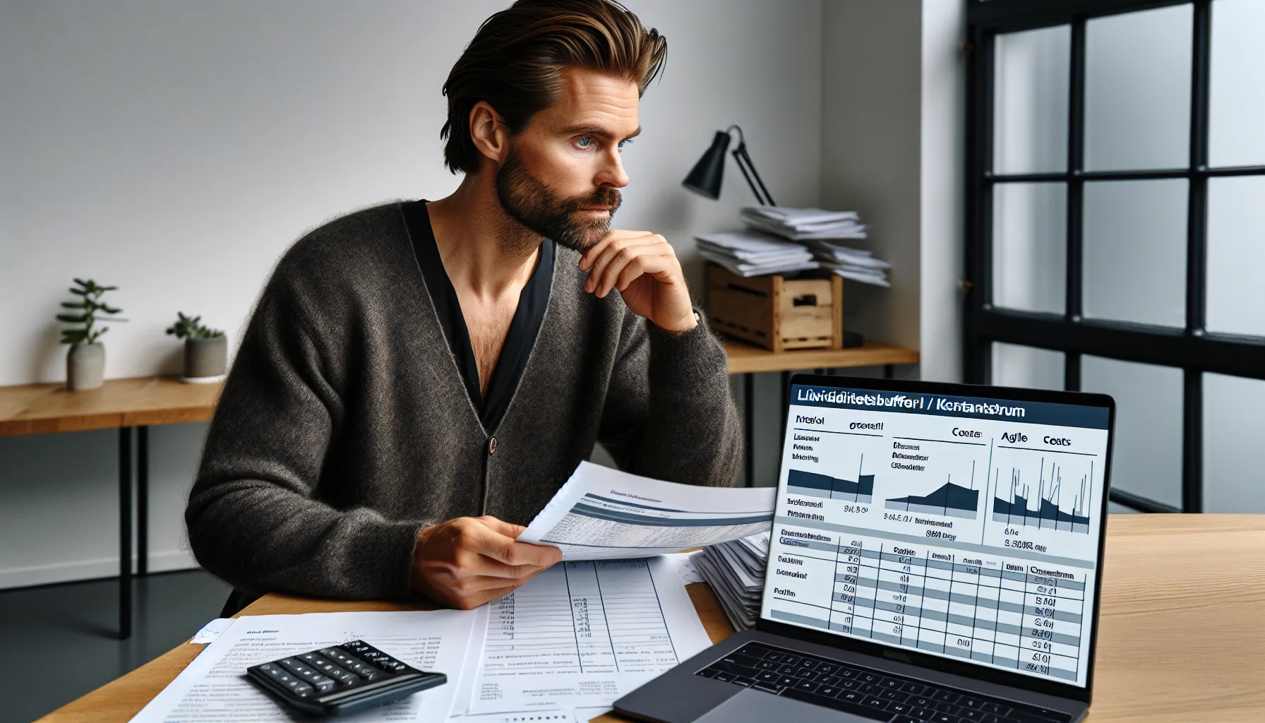 Norwegian entrepreneur reviewing cash-flow buffer, invoices, and dso chart in office.