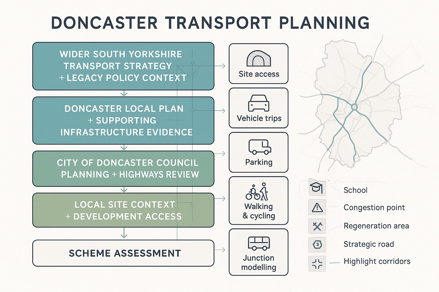 Layered infographic of Doncaster transport planning policies, site context, and assessment steps.