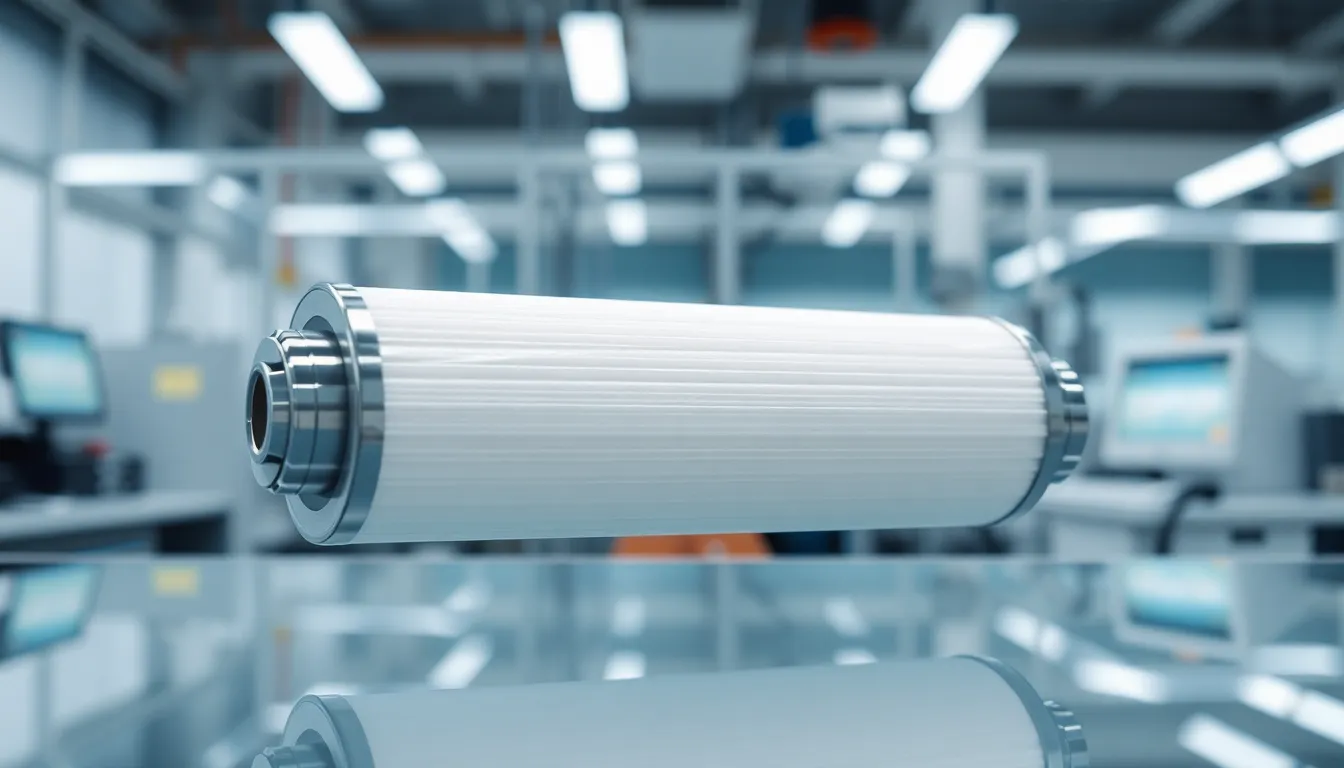 Close-up of a modern pleated membrane filter cartridge in a sleek lab setting.