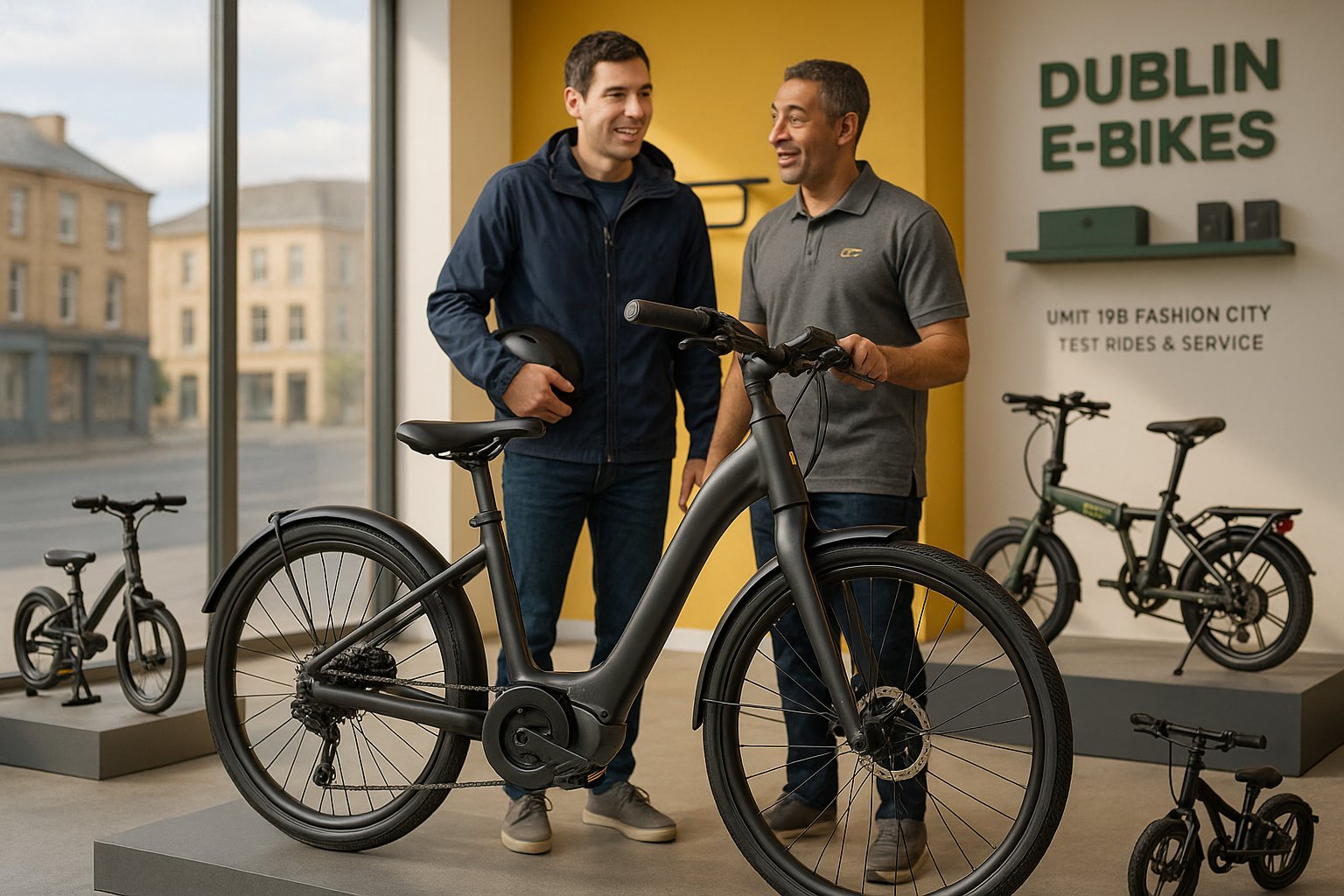 Commuter electric bike in Dublin showroom with staff and folding bikes.