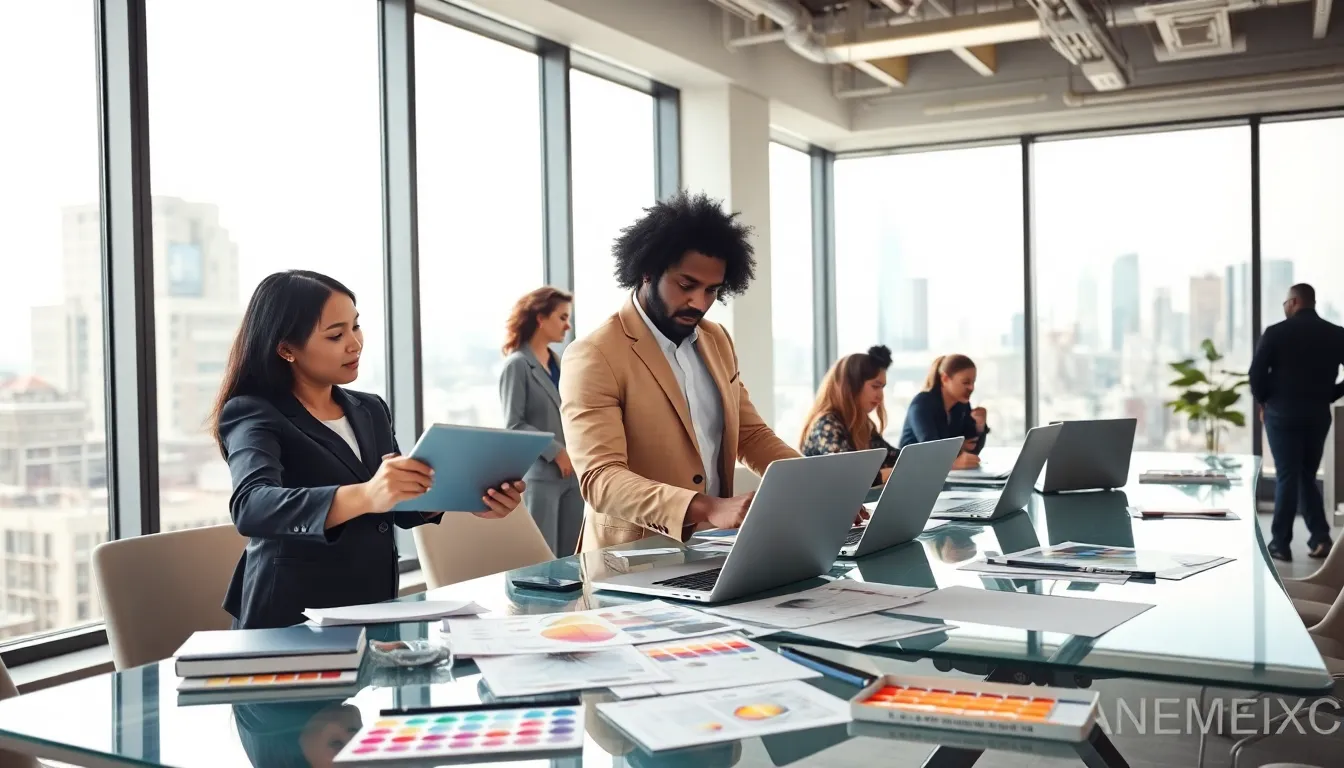 diverse professionals collaborating in a modern creative workspace.