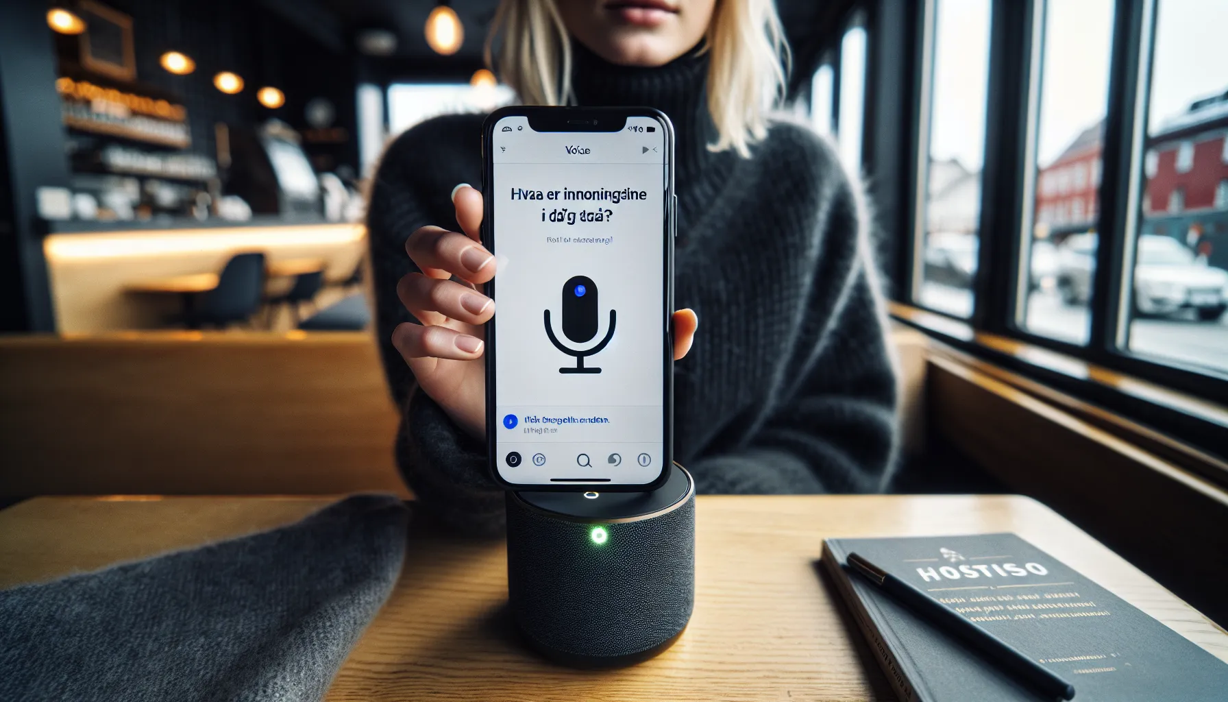 Woman in oslo using voice search on phone for today’s opening hours.