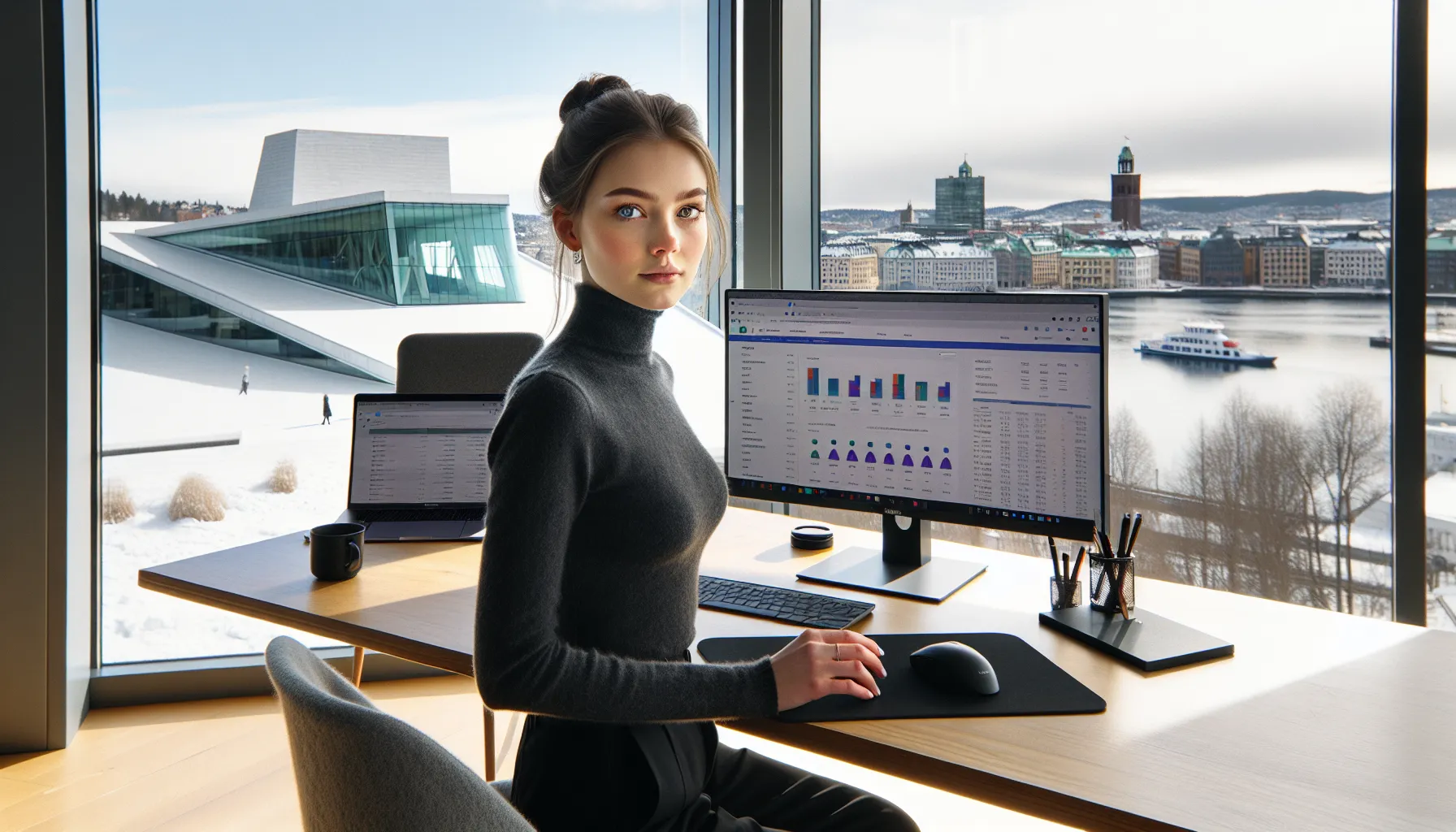 Young Norwegian digital marketer analyzing ads and analytics in an Oslo office.