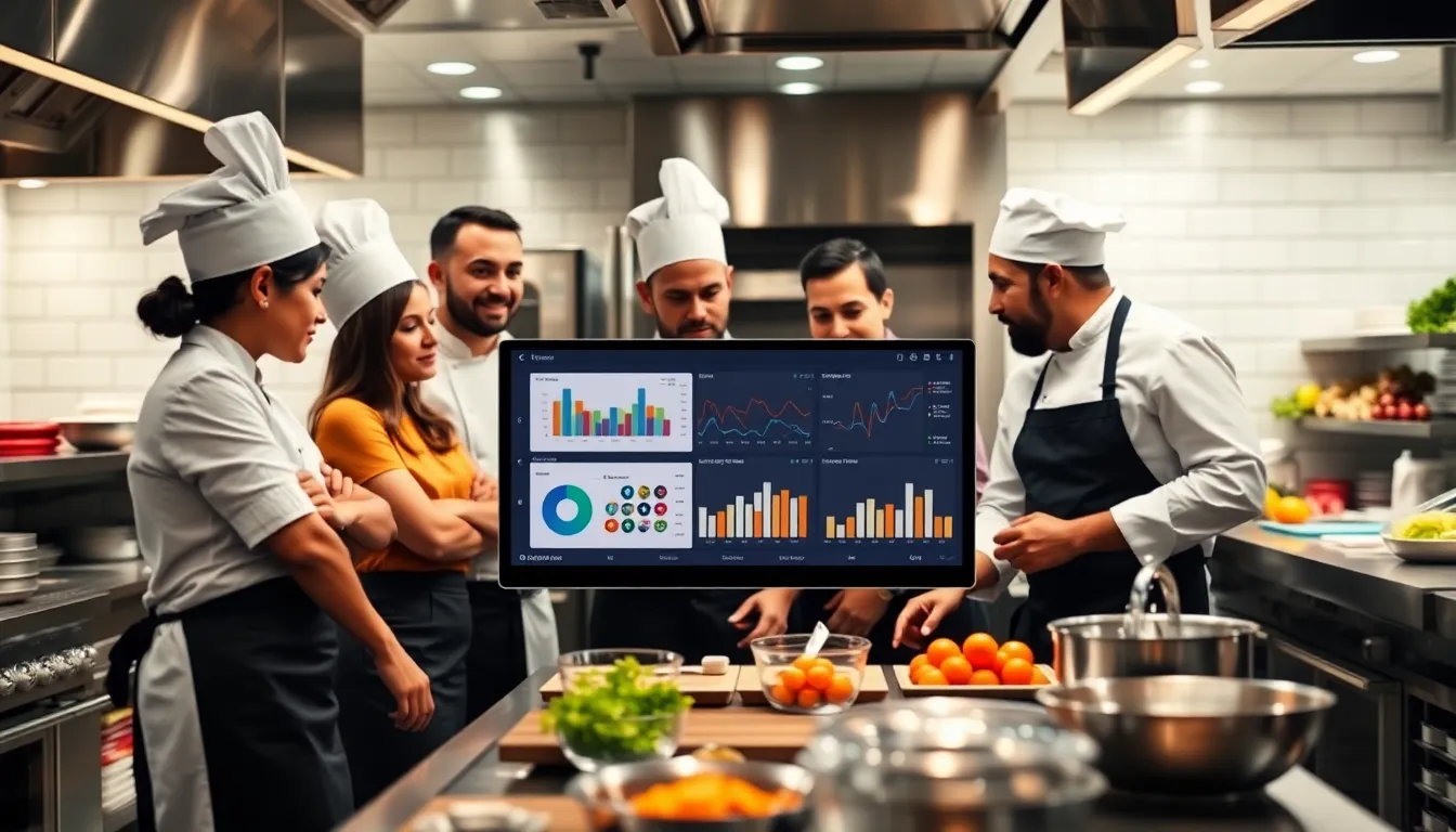 professionals using kitchen management software in a modern kitchen.