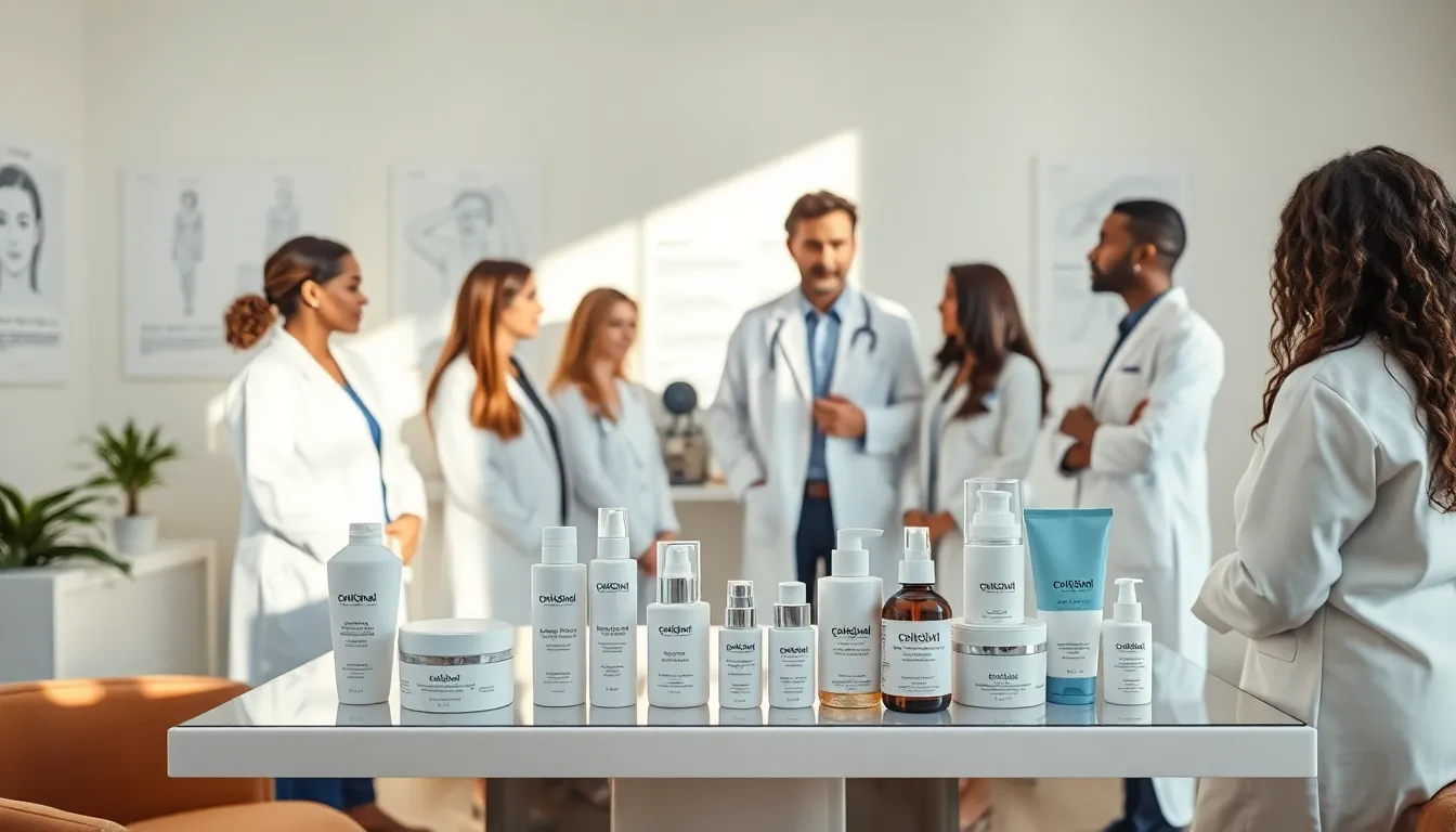 dermatologist discussing skin care products with diverse professionals.