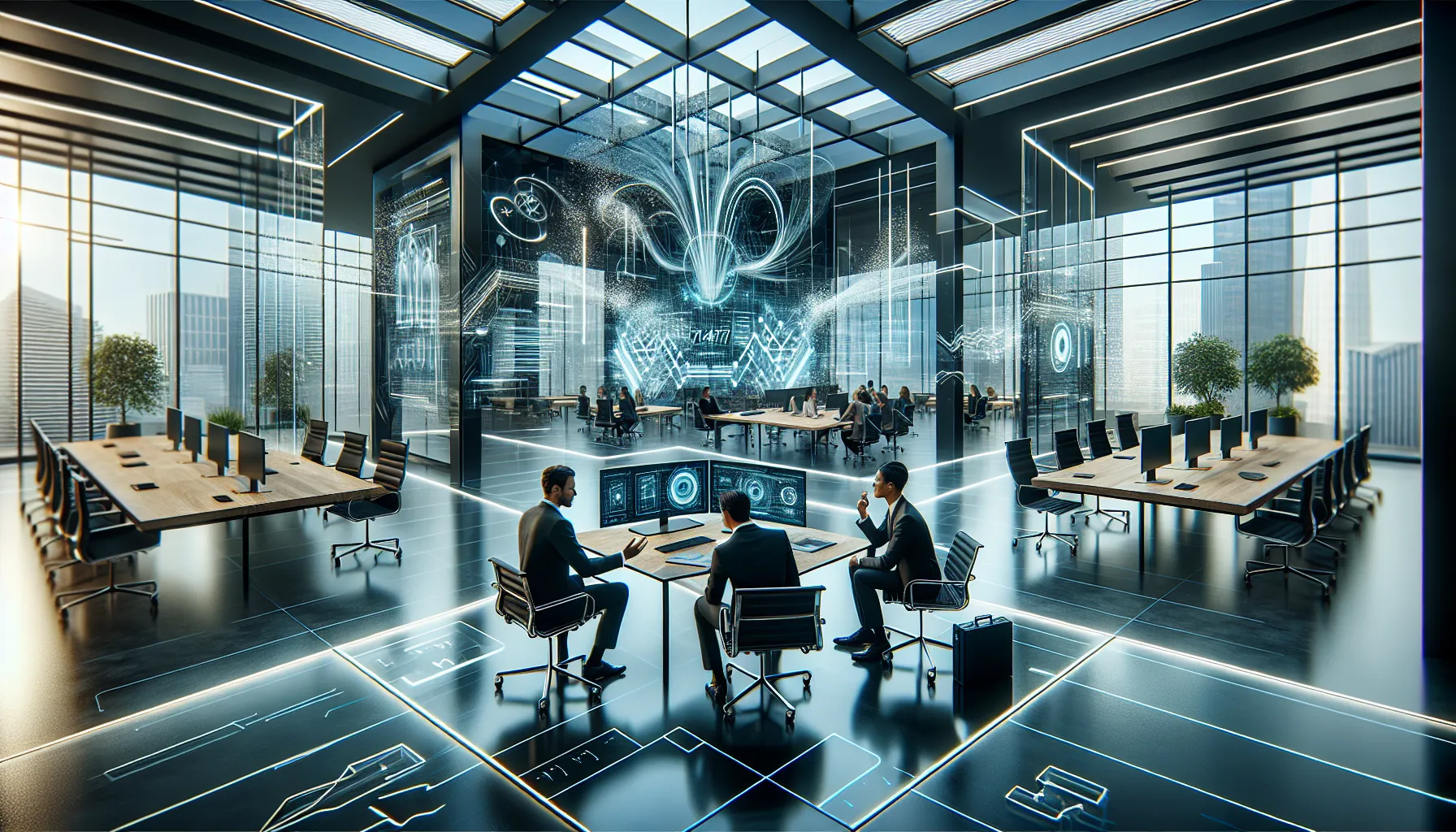 professionals discussing digital data in a modern office setting